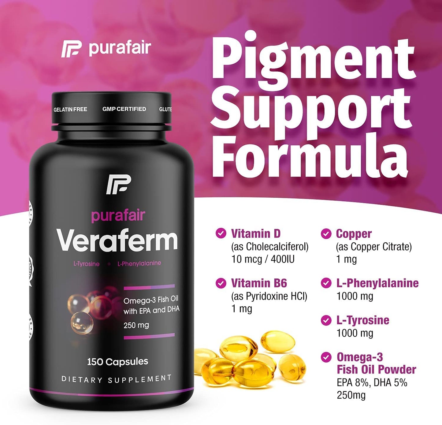 purafair Nomuk Veraferm for Vitiligo Treatment - Improve Skin Pigmentation by Getting Rid of White Spots on Skin - These Vitiligo Pills Include: Omega 3, Phenylalanine, Tyrosine, Copper, Vitamin D & B6-150 Capsules