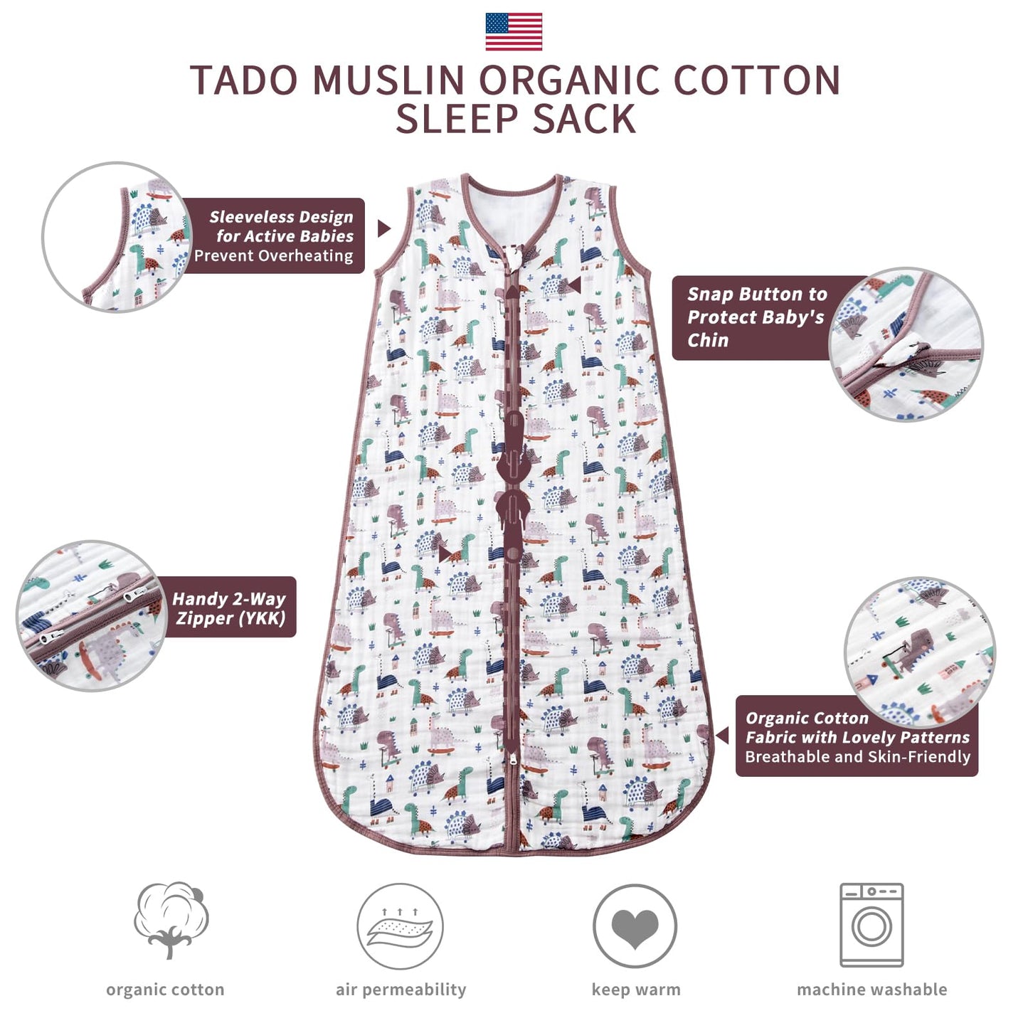TADO MUSLIN - Saco de dormir para bebé de 2 a 4 T, manta portátil para bebé, 100% algodón orgánico, 0.5 TOG, saco de dormir para niños pequeños, cierre de 2 vías, suave, 4 capas, 2T, 3T, 4T,