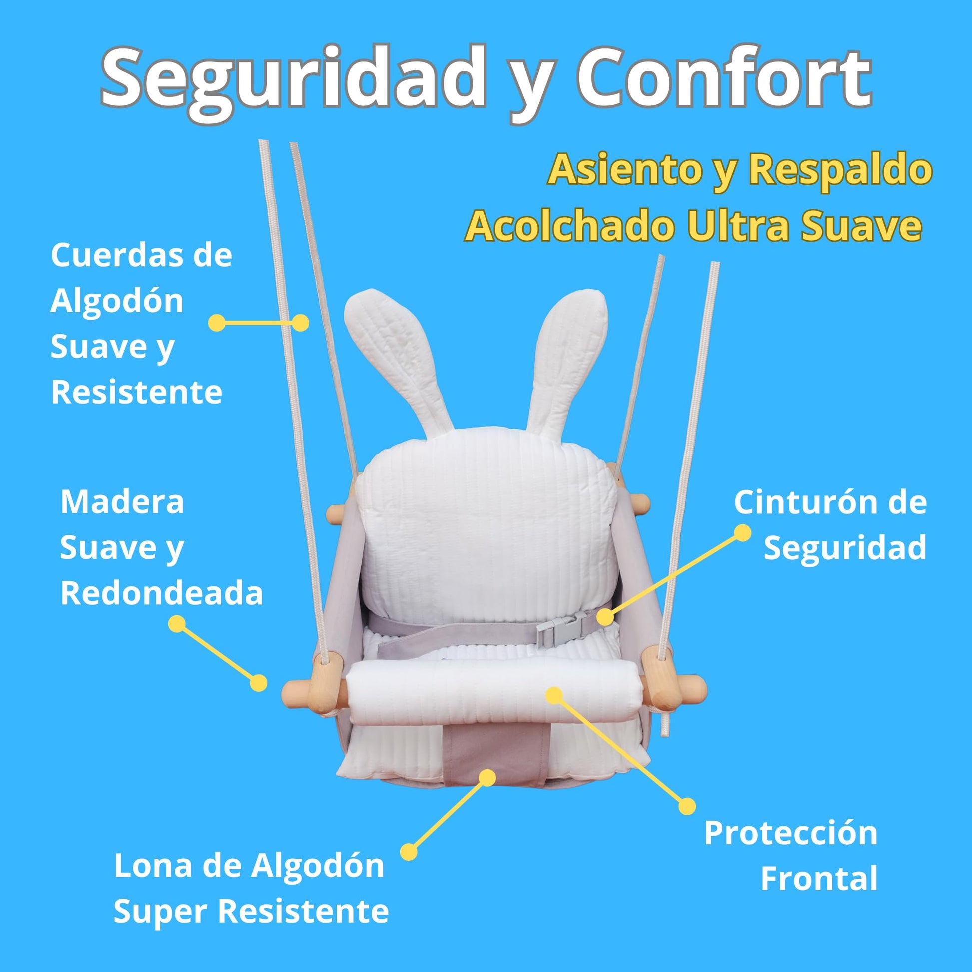 IVREA Asiento de Columpio de Tela Acolchado Modelo Conejo para Bebés y Niños Pequeños - Altura Ajustable, Diseño Seguro, Suave y Cómodo. Gris/Blanco.