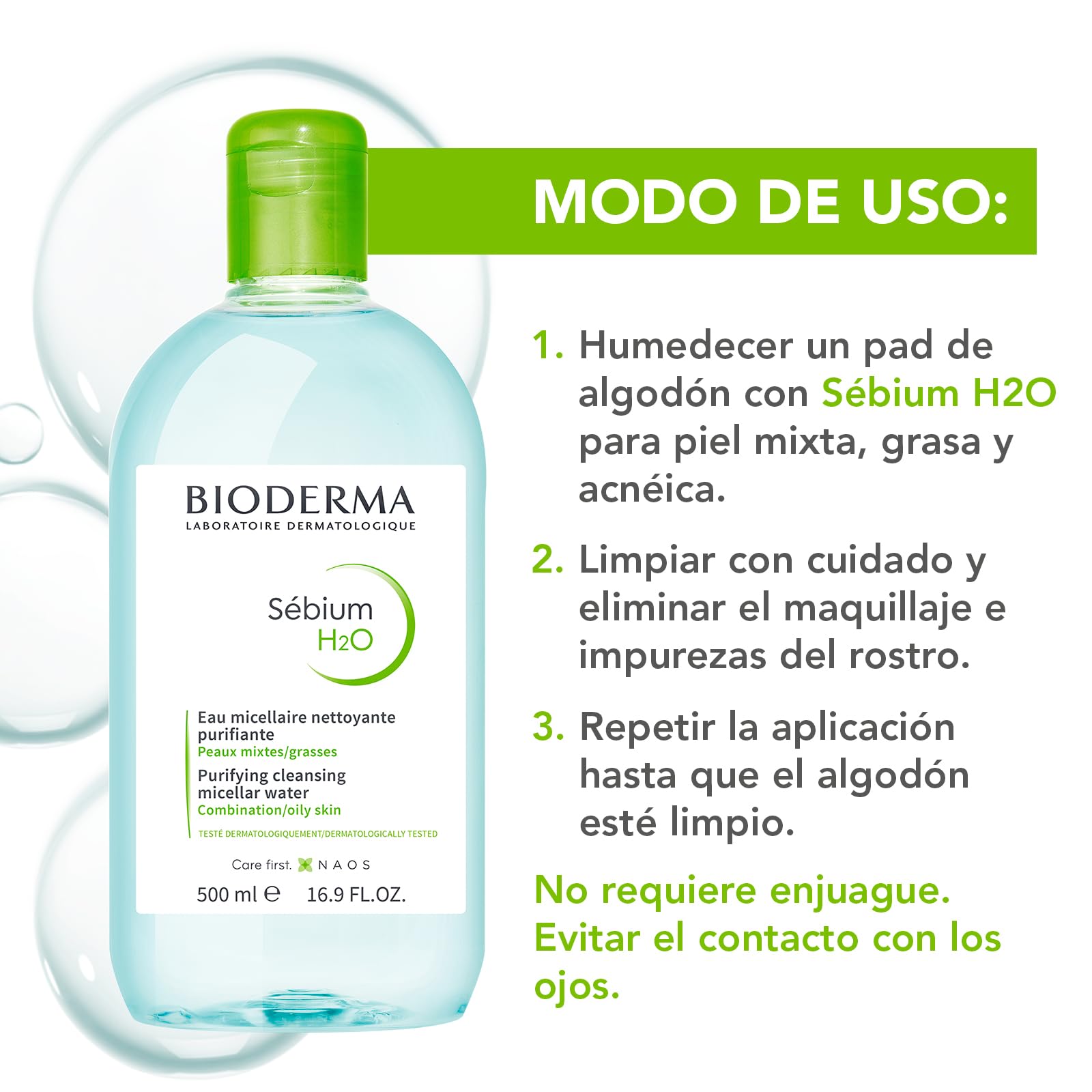 Bioderma Sébium H2O Agua Micelar Limpiadora de Maquillaje para Piel Mixta y Grasa. 500 ml.
