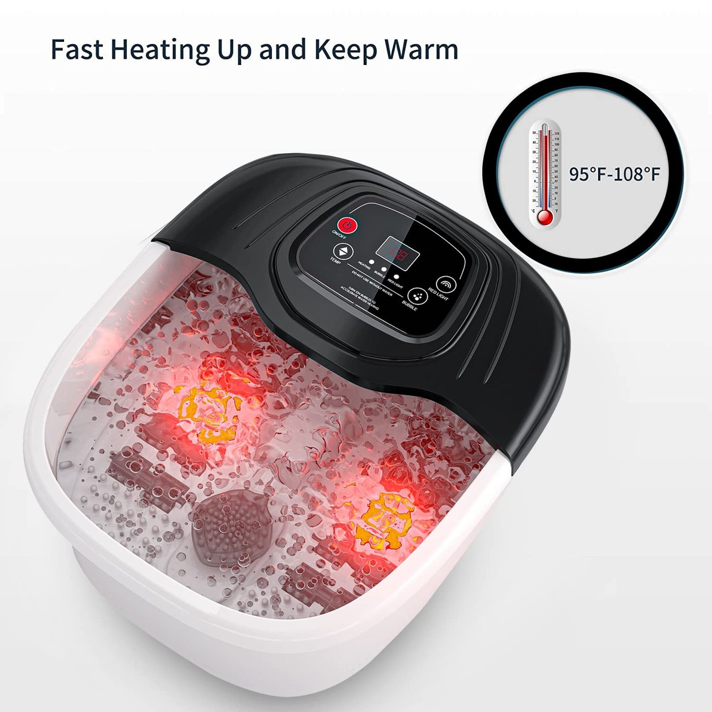 Masajeador de Baño para Pies con Calor y Burbuja, 8 Rodillos de Masaje, Sal de Epsom, Luz Roja y Vibración para Aliviar el Estrés