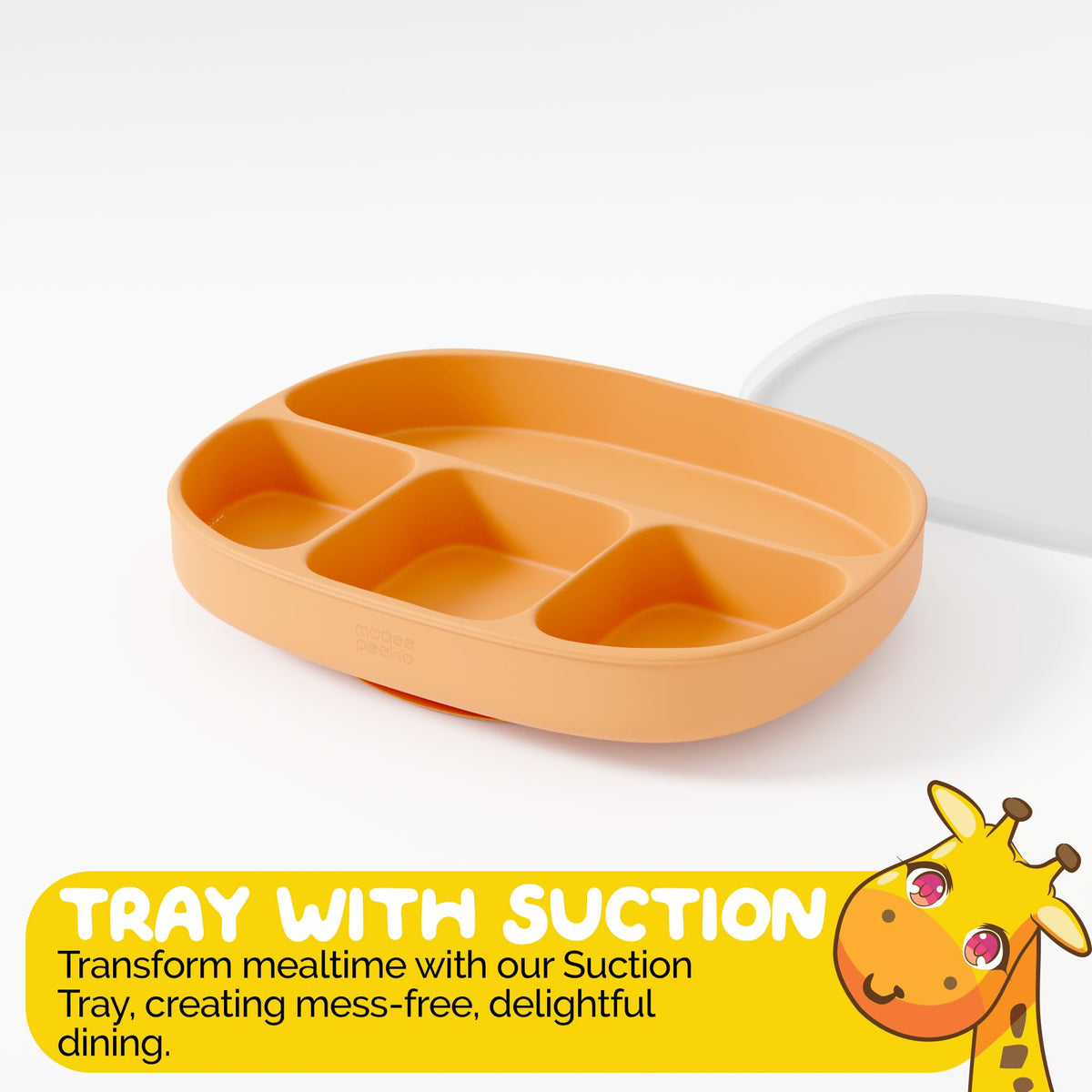Muqee Peeko Platos con Ventosa para la Comida del bebé con Tapa, Color Albaricoque - Set de Comida para bebés de Silicona Apta para Uso alimentario