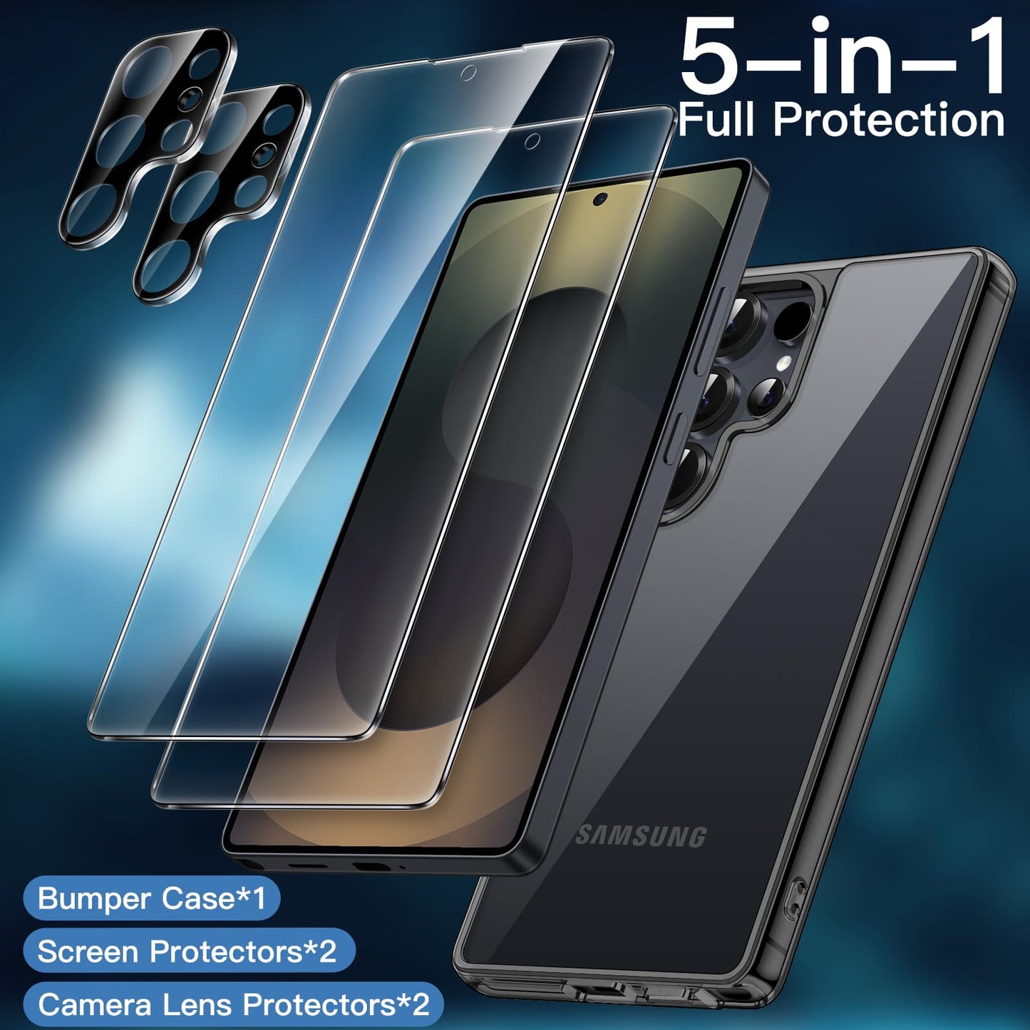 JETech 5 en 1 Funda para Samsung Galaxy S25 Ultra 5G con 2 Protector Pantalla Mica Cristal Vidrio Templado y 2 Protector Lente Cámara, Carcasa Anti-Amarillo Antigolpes (Negro Titanio)