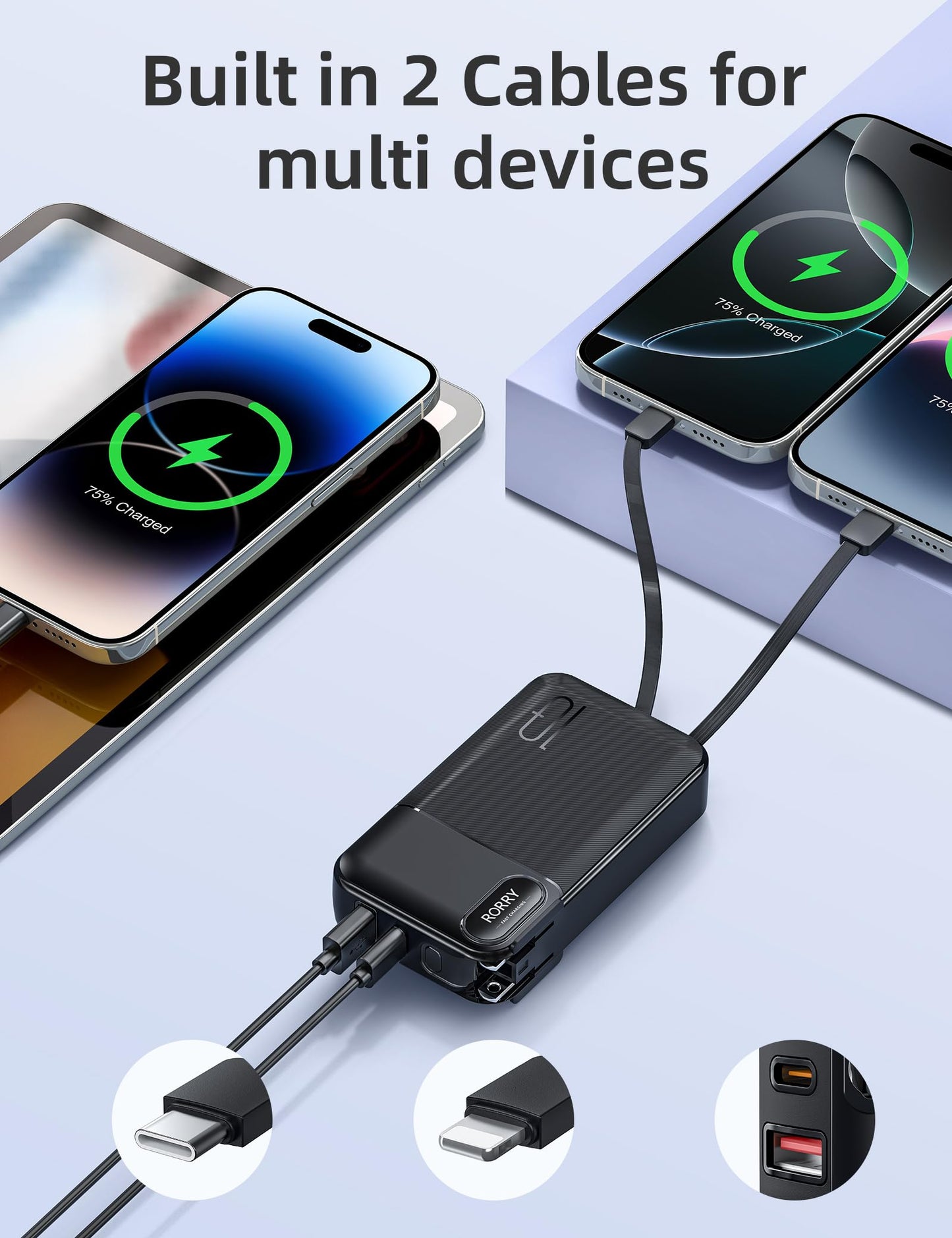 Batería Portátil RORRY Negro 10000 mAh con Enchufe Plegable y Cables Integrados