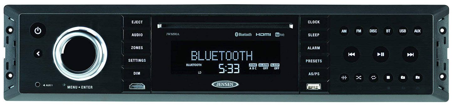 Jensen JWM90A Slimline 3-Zone Source Theater-Style Bluetooth Wallmount Stereo con control de aplicación, DVD/CD-R/RW(Reacondicionado)