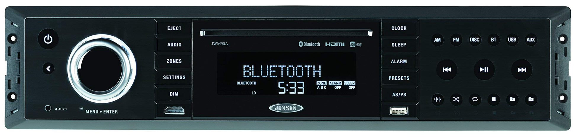 Jensen JWM90A Slimline 3-Zone Source Theater-Style Bluetooth Wallmount Stereo con control de aplicación, DVD/CD-R/RW(Reacondicionado)