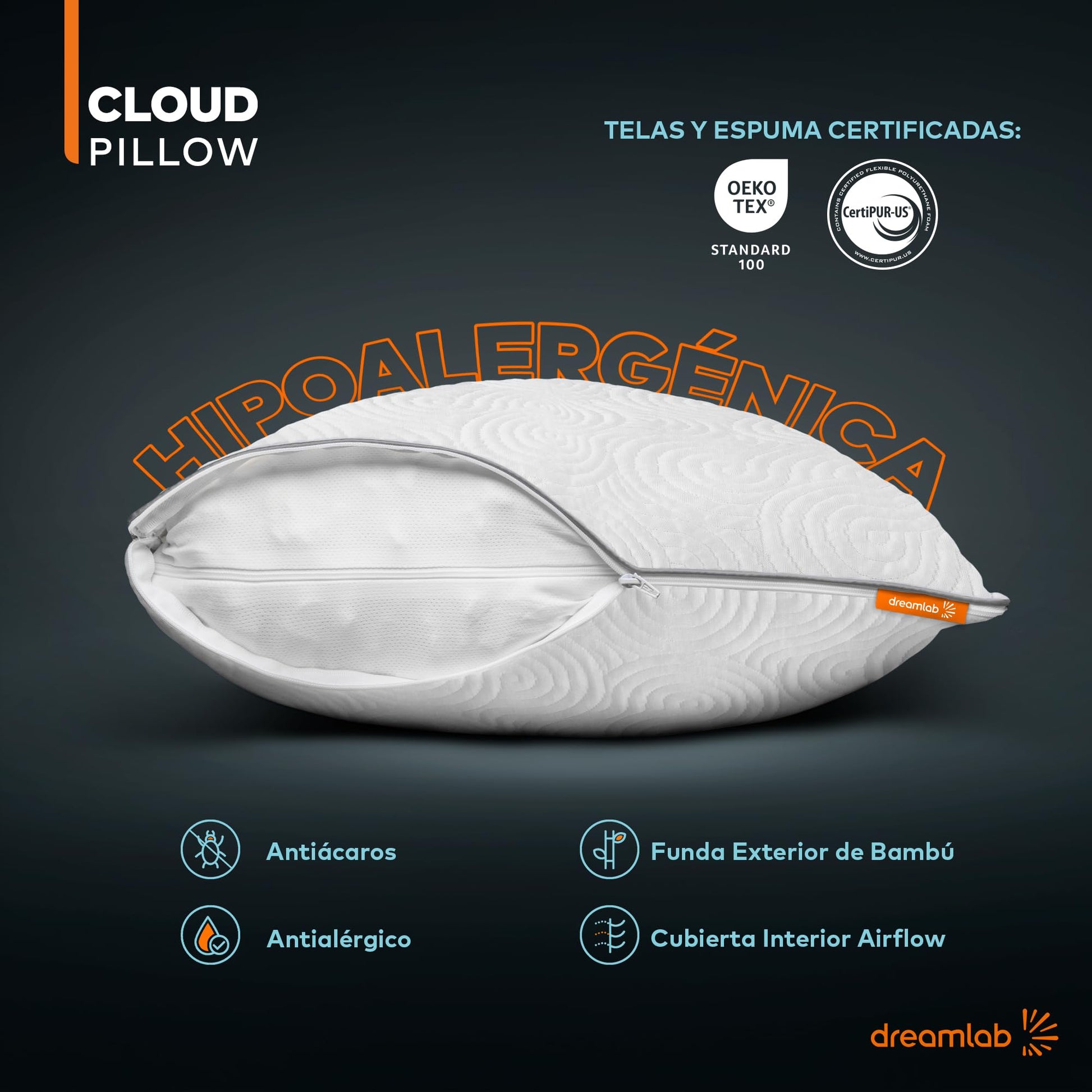 Almohadas Dreamlab Bambú Ajustables Memory Foam Hipoalergénicas 2 Piezas Estándar Firmeza Media