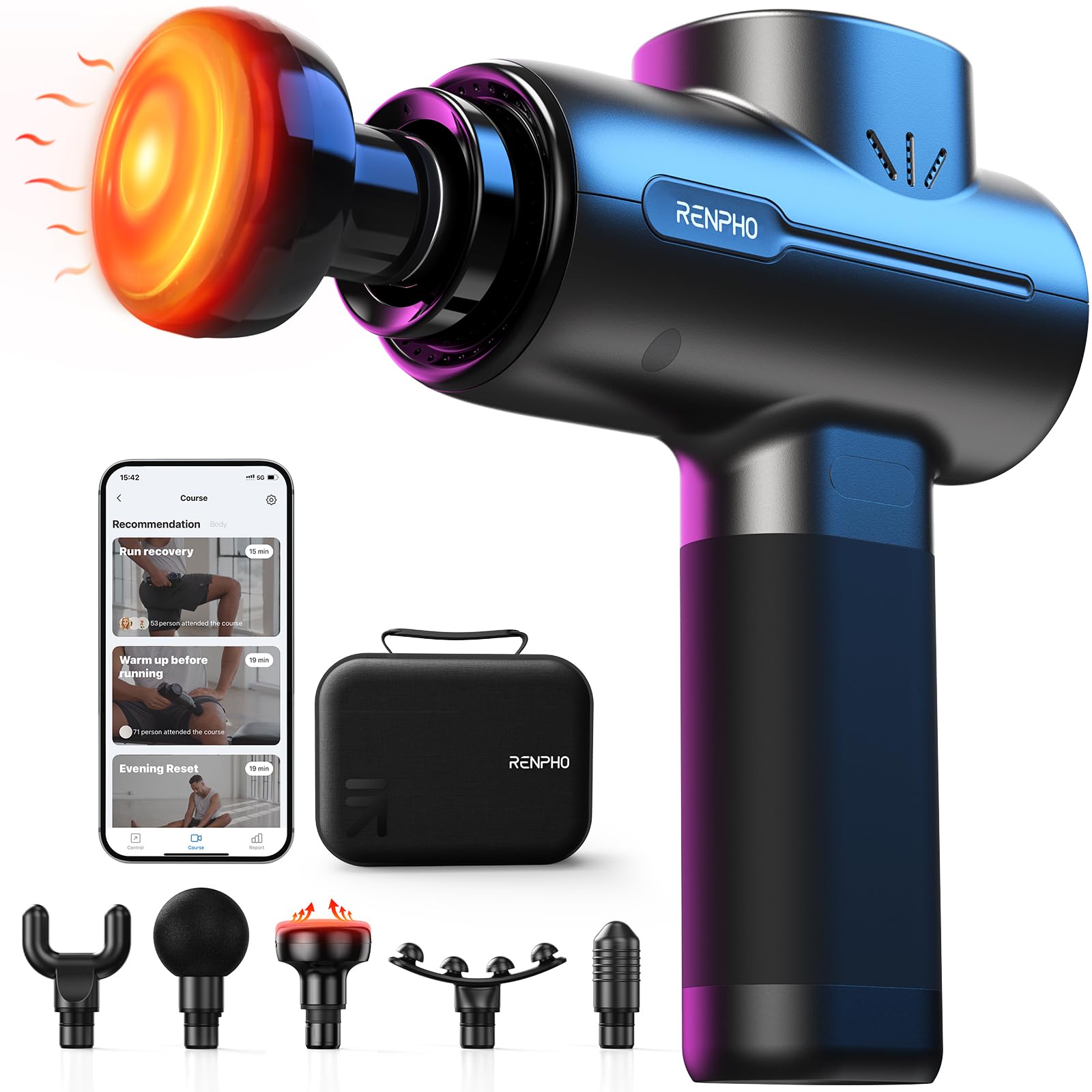 RENPHO Pistola de masaje activo con calor, pistola de masaje muscular de percusión para atletas, masajeador de tejido profundo de mano con 3200 rpm, 5 cabezales de masaje, 5 velocidades