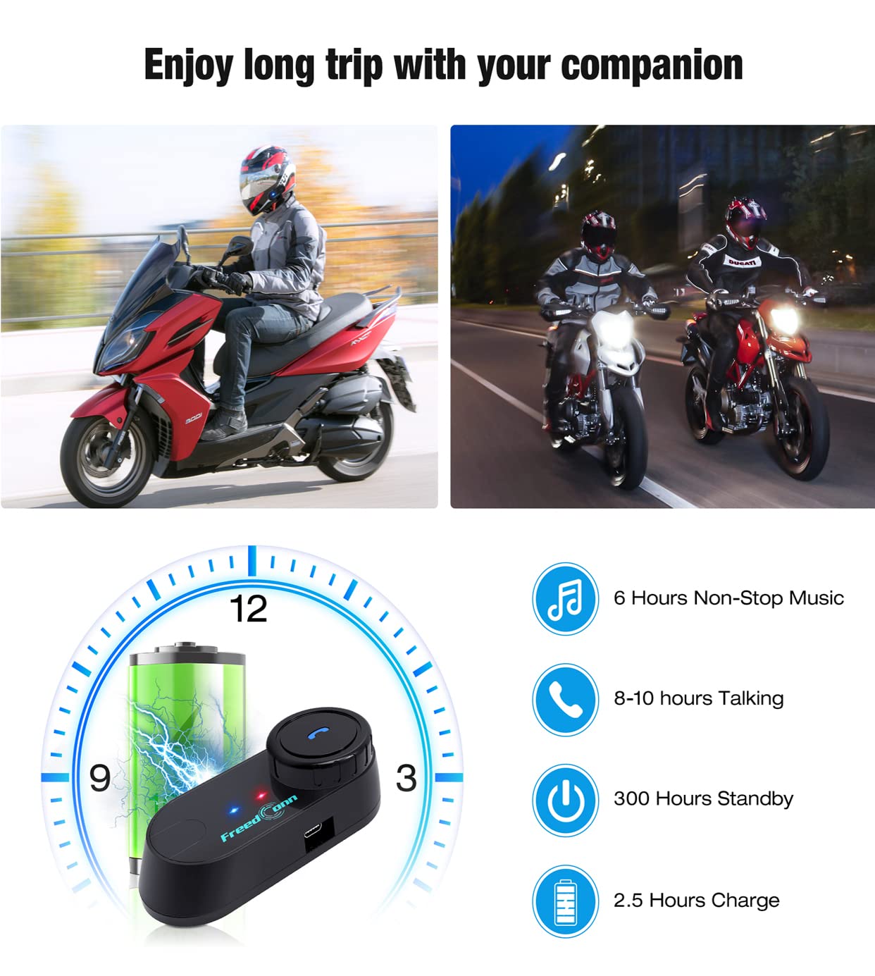 FreedConn T COM VB - Auriculares Bluetooth para motocicleta, intercomunicador de casco de 2 vías 800 m con música compartida, altavoces de sistema de comunicación universal, accesorios de moto
