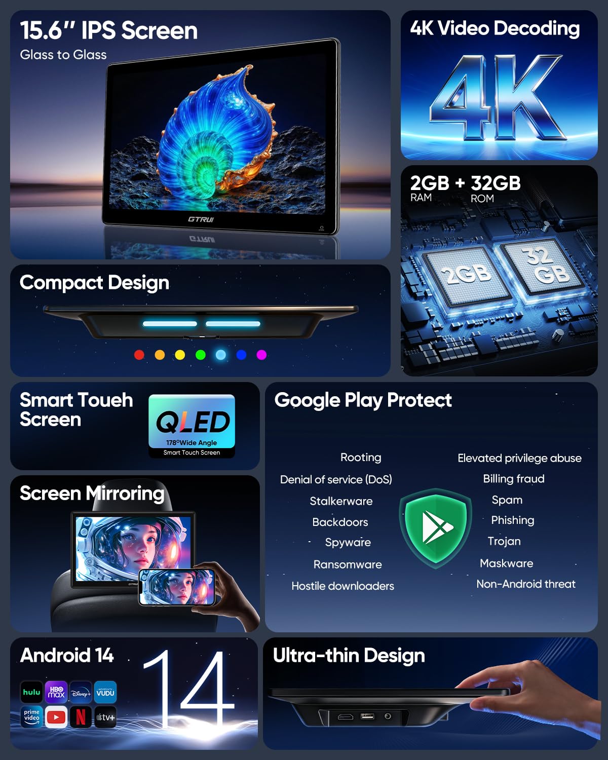 Monitor de Coche GTRUI Android 4K 15,6 Pulgadas con Sistema de Entretenimiento Trasero Compatible con Teléfono Inalámbrico Mirror