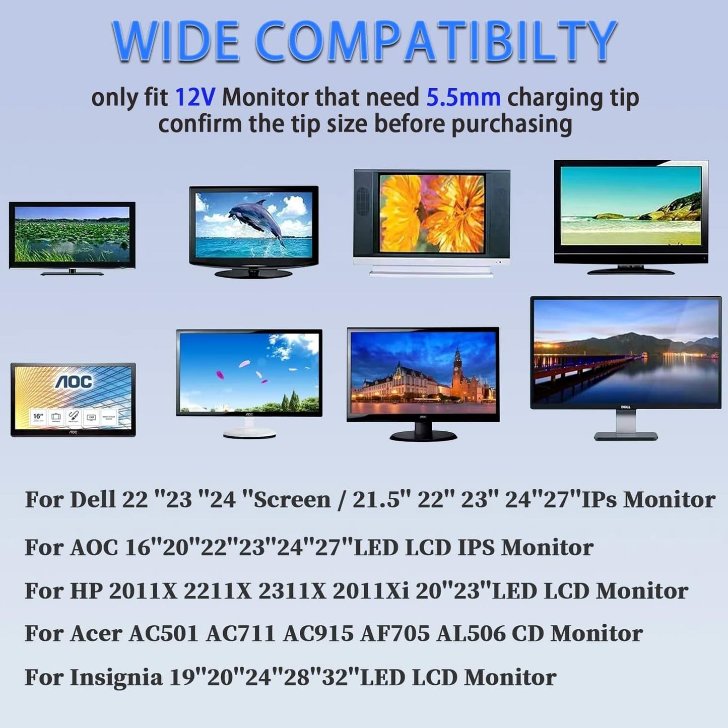 TKDY - Cable de Fuente de alimentación para Monitor de 12 V 5A, Adaptador de Corriente alterna de 12 V, 5A, 4A, 3A CC, Compatible con Monitor LCD de 12 V CC, cámaras de Seguridad CCTV CCTV, Tira de