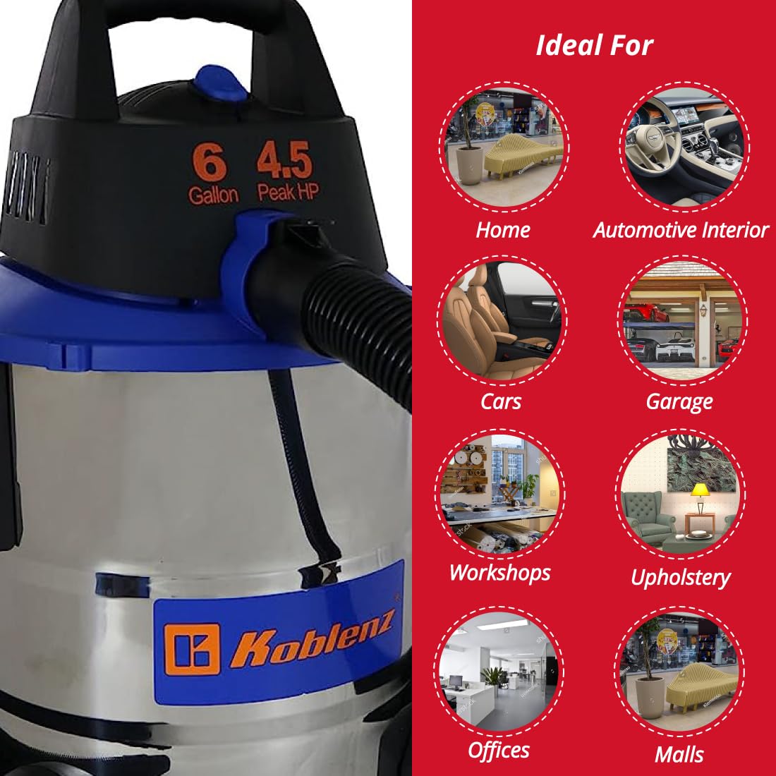 Aspiradora húmeda y seca Koblenz Acero Inoxidable Azul 6 Galones 4.5 HP