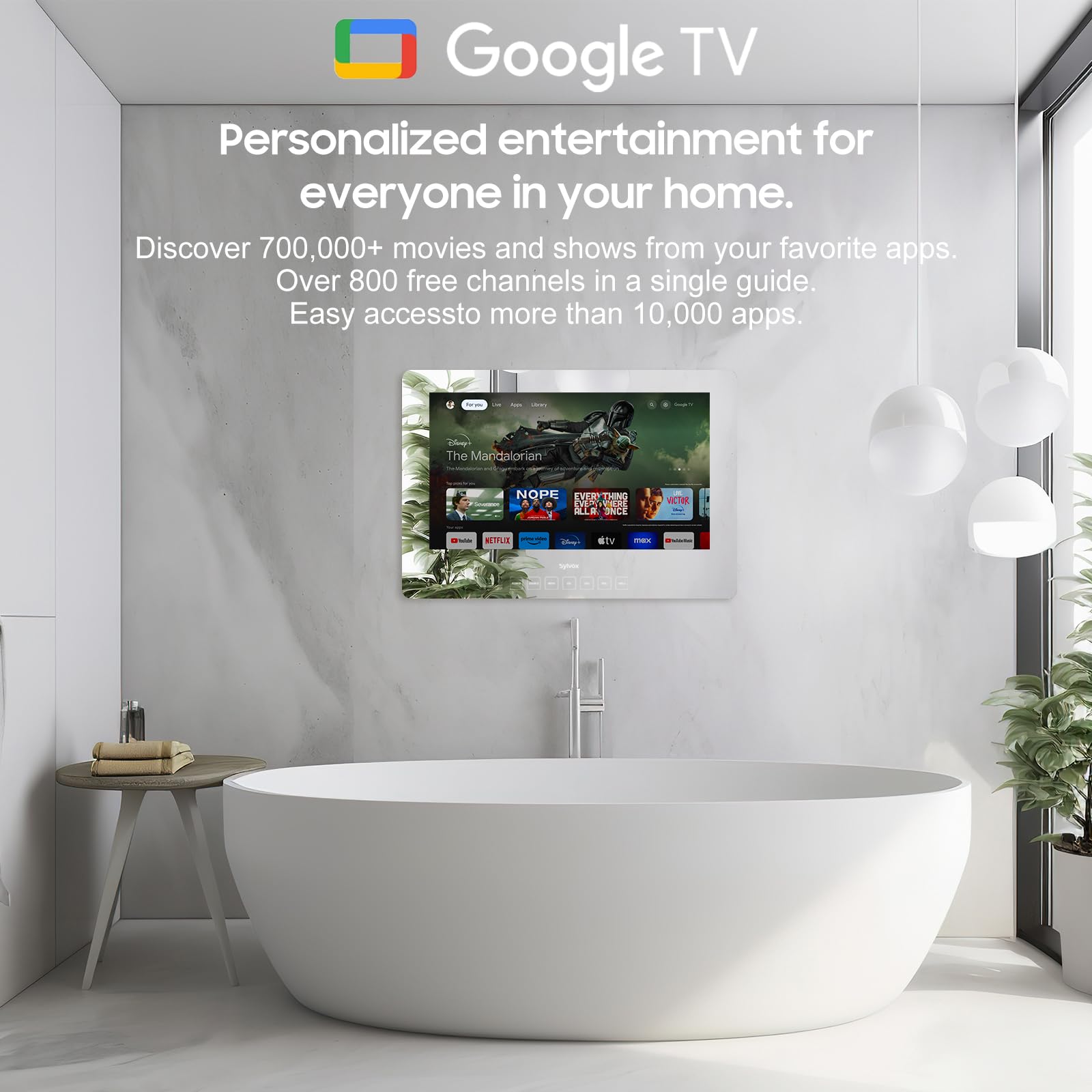 TV de Baño SYLVOX Espejo de 32 Pulgadas con Google OS y Tuner IP66 Impermeable para Baño