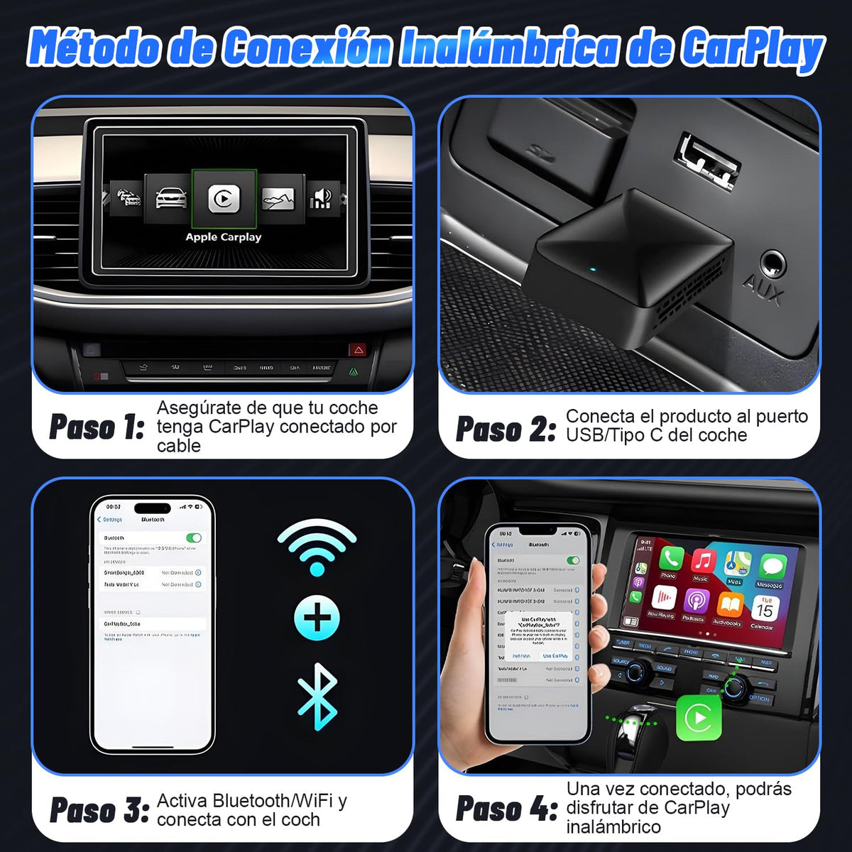 Adaptador Inalámbrico CarPlay y Android Auto, Mini 2 en 1, Blanco, Exión Rápida y Estable WiFi de 5.8 GHz con Puerto USB USB-C