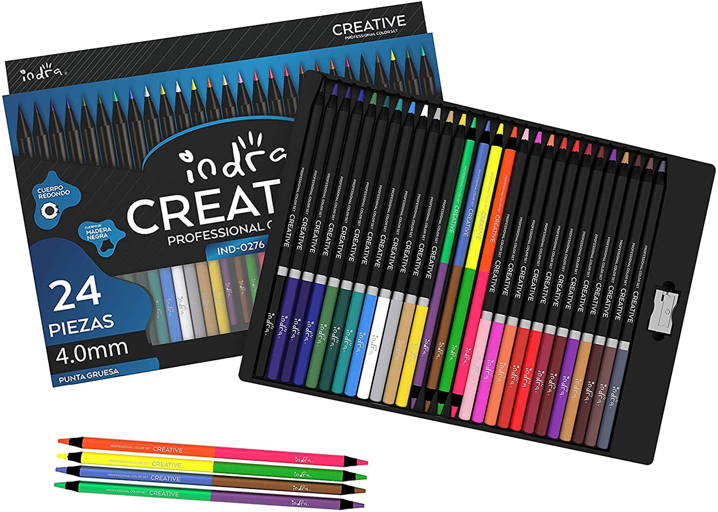 IND-0276 Professional Color Set Indra 24 Lápices Diferentes Colores +4 Adicionales Bicolores Colores Metálicos Neón Sacapuntas Incluido Cuerpo Redondo Madera Negra