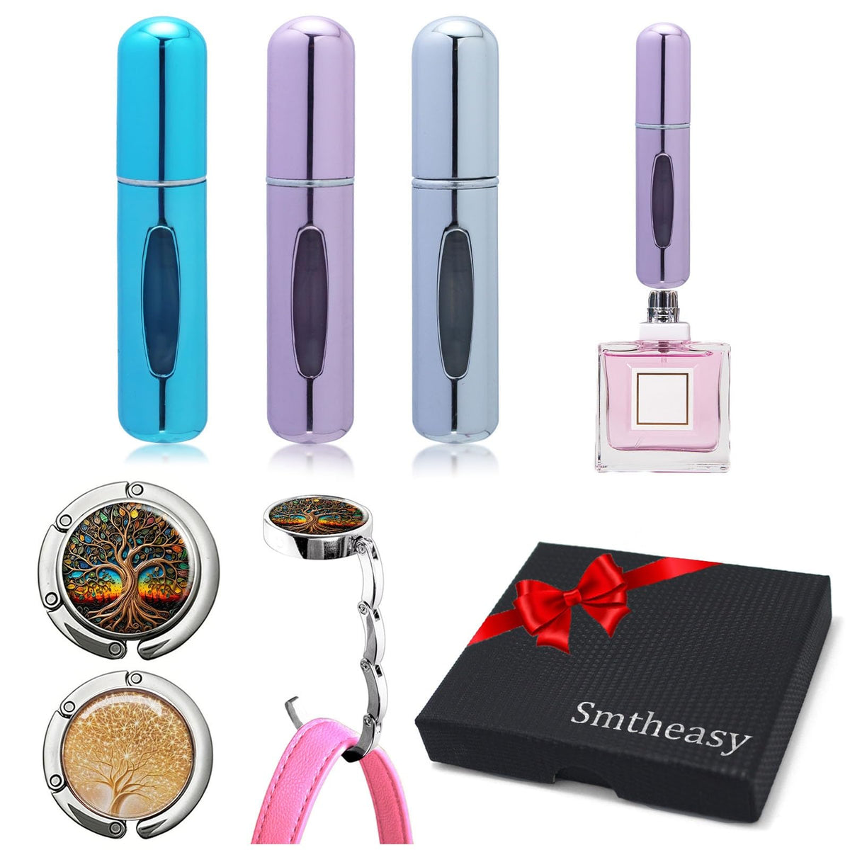 Smtheasy - Atomizador de perfume de viaje, 5 ml, repuesto para atomizador de perfume, funda de bomba de olor, spray de perfume pequeño y 2 ganchos para cartera para mesas