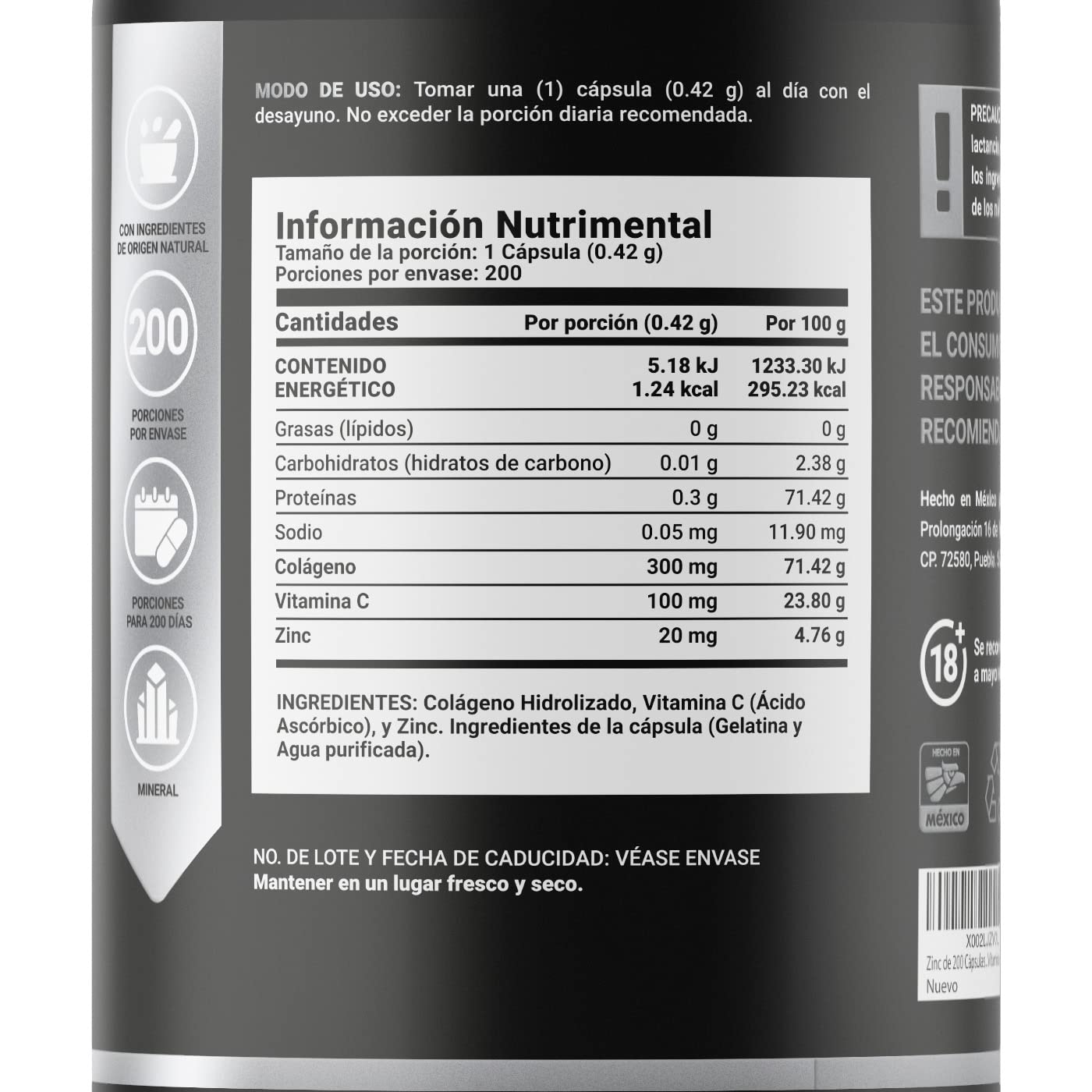 B Life Company Zinc de 200 Cápsulas. Ingredientes naturales: Zinc, Colágeno y Vitamina C. Z Blend