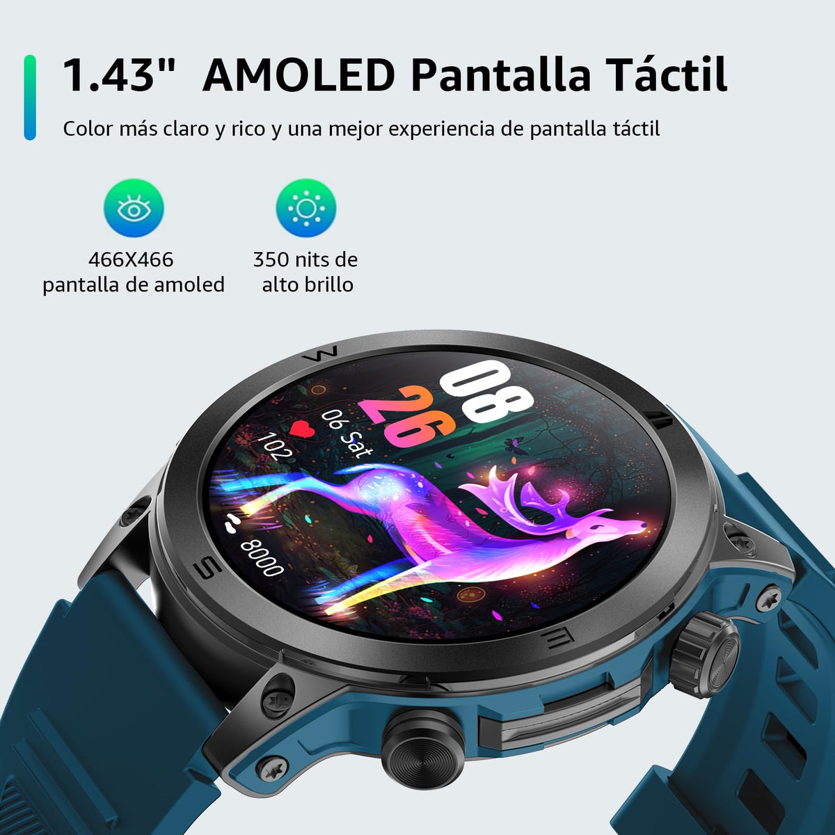 Smartwatch FreshFun AMOLED 1.43 Pulgadas Bluetooth Hombre Azul Impermeable IP67 Monitor Cardíaco y Sueño 100+ Modos Deportivos