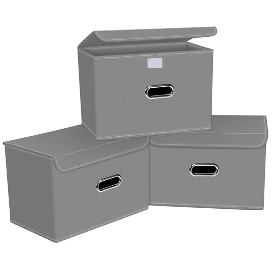 SEVENDOME Cesta organizadora plegable de tela de lino con tapa, asas de piel, divisor extraíble para el hogar, clóset (gris, 3 piezas)