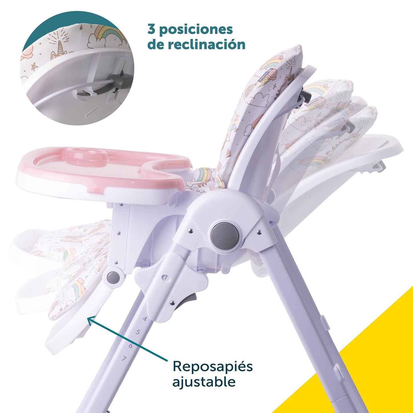 Safety 1st Silla Alta Periquera Tavola, Unicornios, 7 posiciones de altura, 3 de reclinación, reposapiés ajustable, doble charola, plegado compacto.