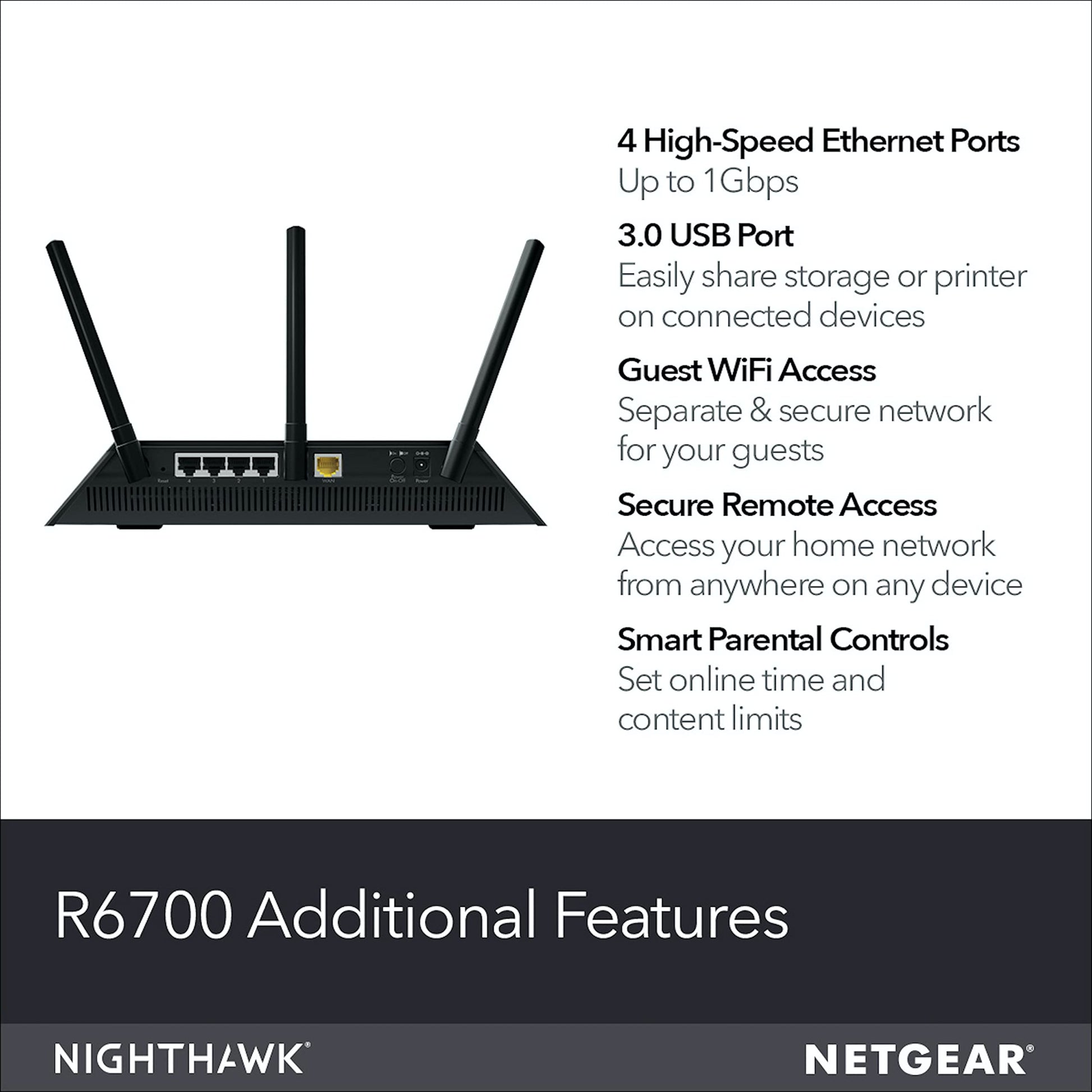 NETGEAR Nighthawk Smart Wi-Fi Router, R6700 - AC1750 velocidad inalámbrica de hasta 1750 Mbps | Cobertura de hasta 1500 pies cuadrados y 25 dispositivos | 4 puertos Ethernet 1G y 1 puertos USB 3.0 | Seguridad de armadura