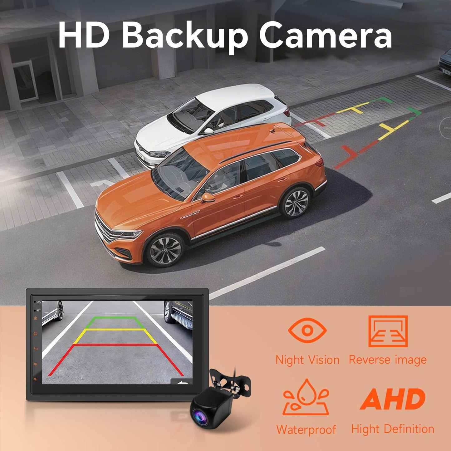 Haudio Estéreo de coche doble din, visualización táctil HD de 7 pulgadas con Apple Carplay y Android Auto, enlace espejo, Bluetooth 5.4, SWC, subwoofer, 5.1 CHN, cámara de respaldo, 2+64 GB, receptor