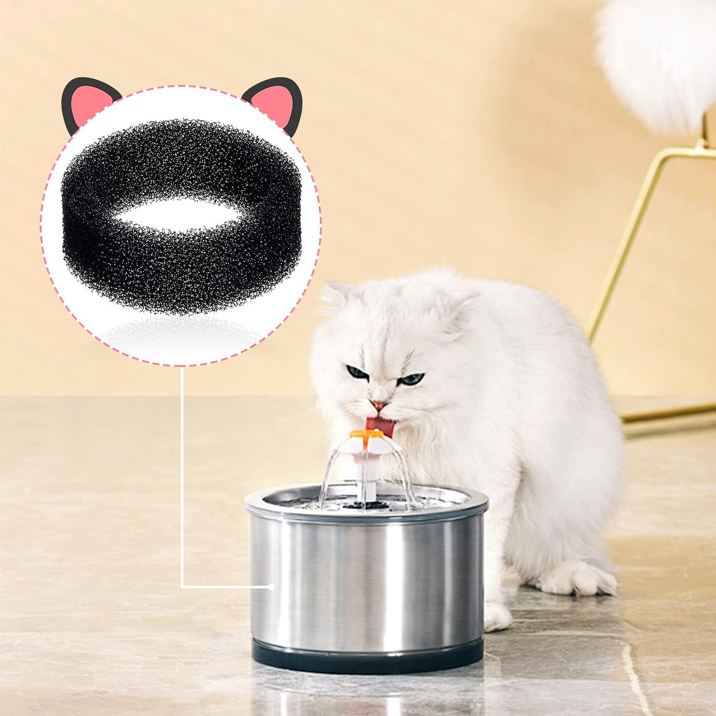 Filtro de Fuente para Gato, Redondo de Espuma, 8 Piezas, Esponja de Repuesto para Fuente de 2,5 L y 2,2 L