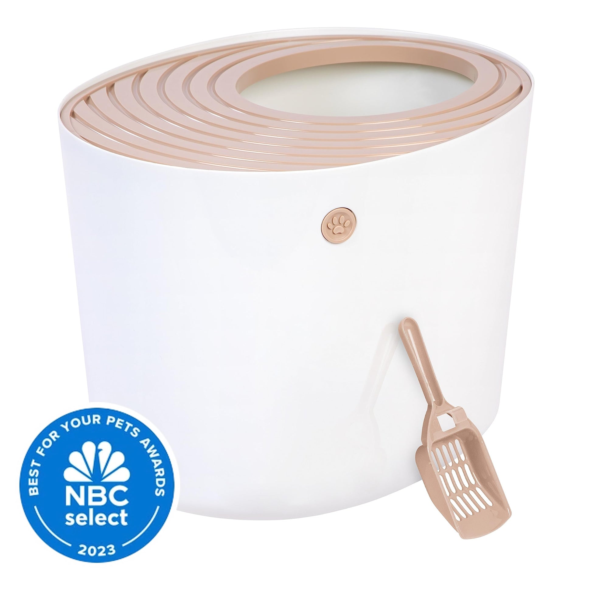 IRIS USA Gran arenero para gatos con entrada superior y pala, elegante caja redonda para gatos, arenero para gatitos, Blanco/Beige
