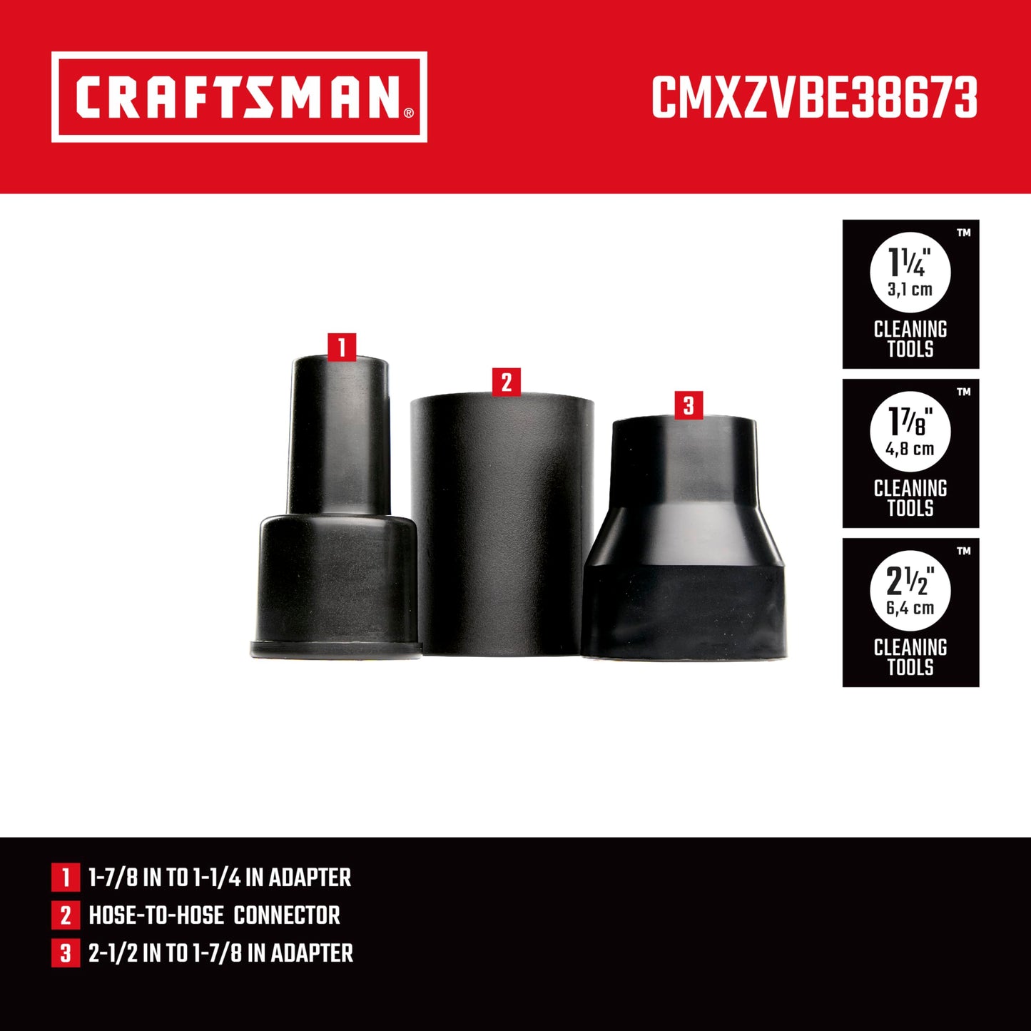 CRAFTSMAN Kit de accesorio para aspiradora de grado industrial - Conector de manguera para aspiradora - 3 piezas - Negro - Plástico