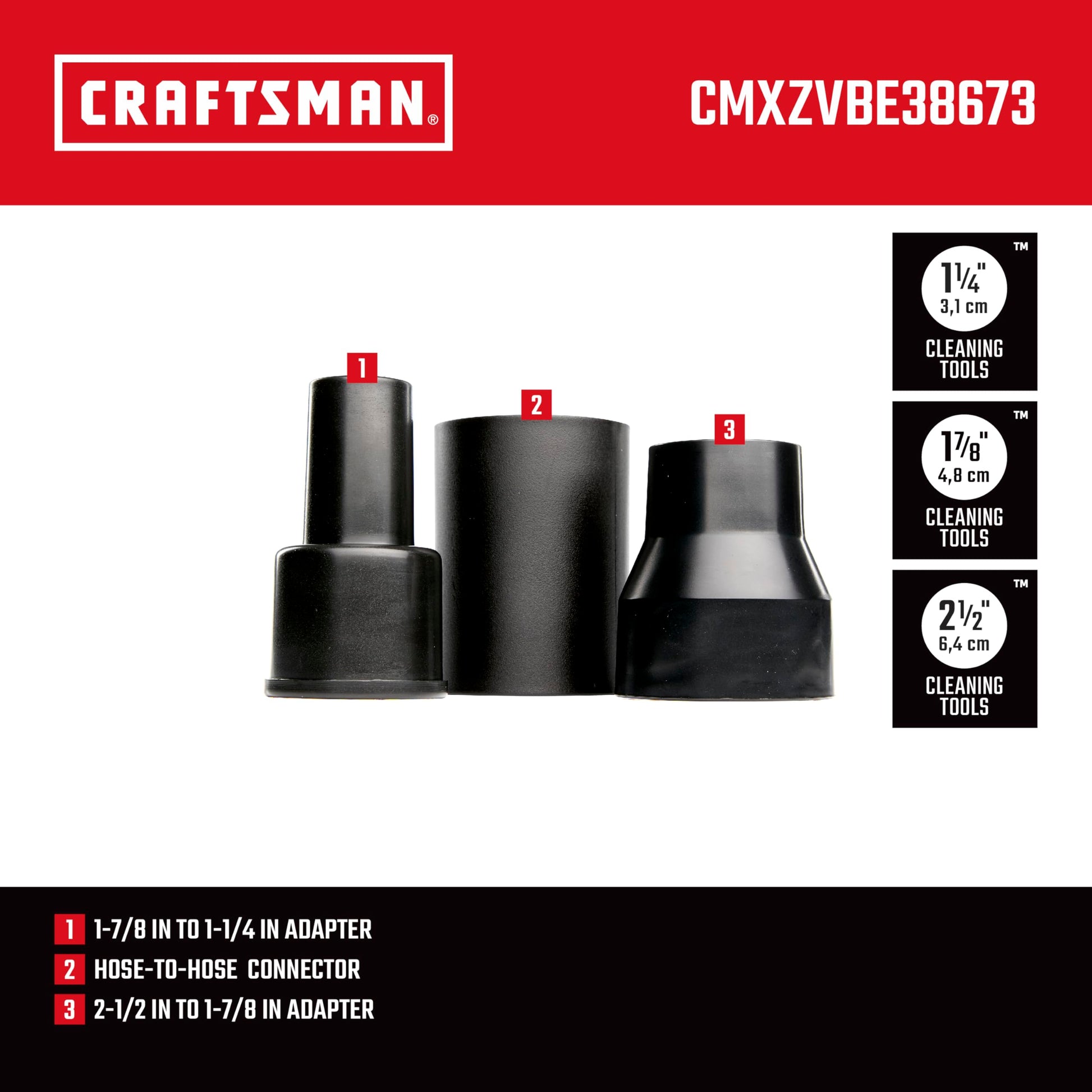 CRAFTSMAN Kit de accesorio para aspiradora de grado industrial - Conector de manguera para aspiradora - 3 piezas - Negro - Plástico