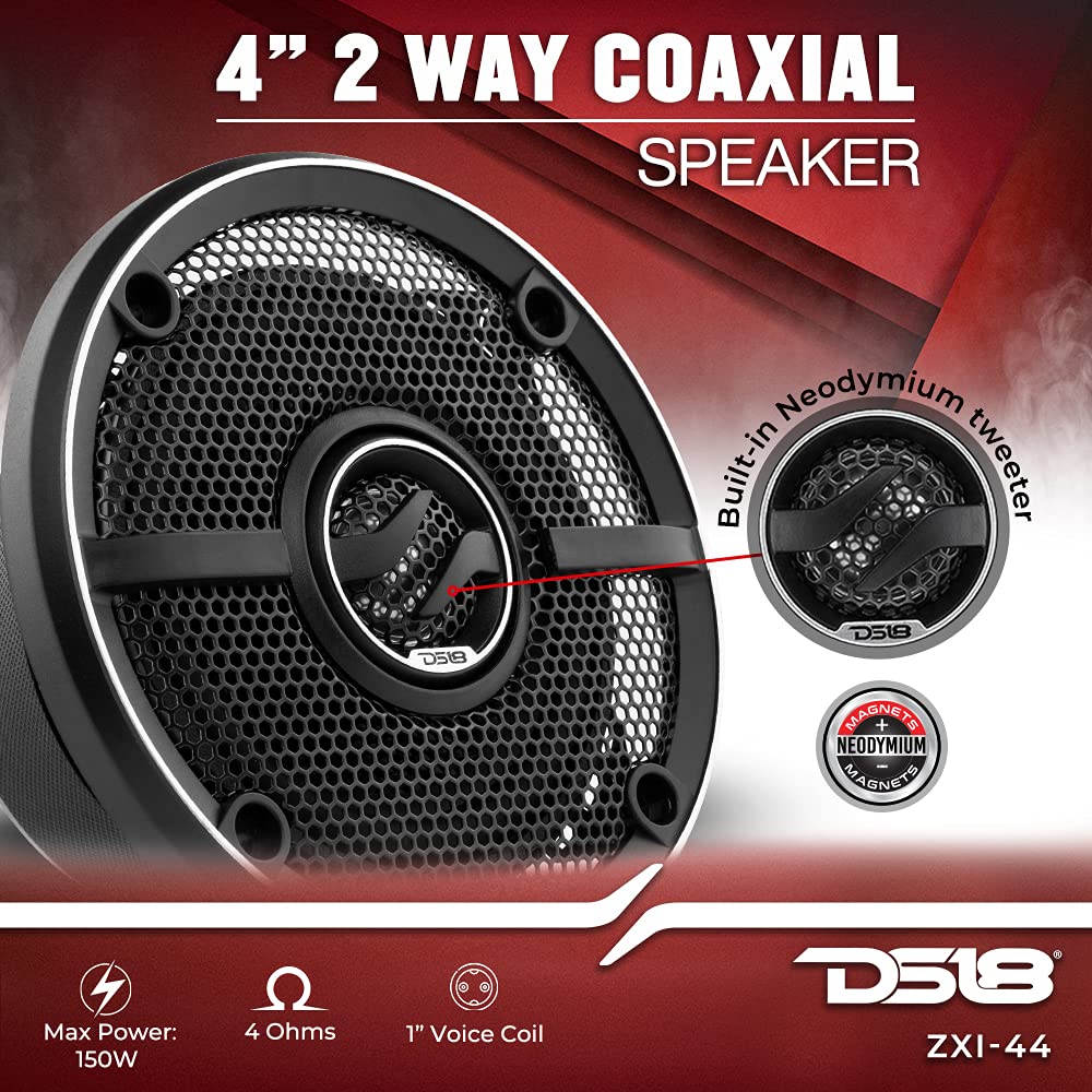DS18 ZXI-44 Altavoz coaxial de Audio para Coche de 4 Pulgadas con Altavoz de Agudos de neodimio Integrado y Cono de Kevlar – 2 vías 150 vatios máximo 4 ohmios (2 Altavoces)