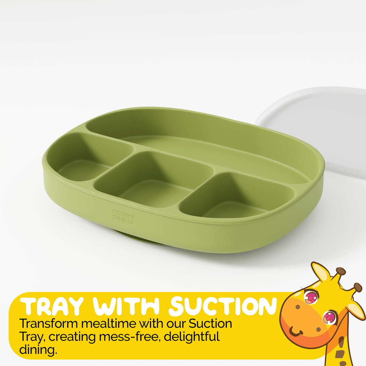 Muqee Peeko Set de alimentación para bebés con Ventosa y Tapa en Color Verde Guisante - Silicona de Grado alimenticio