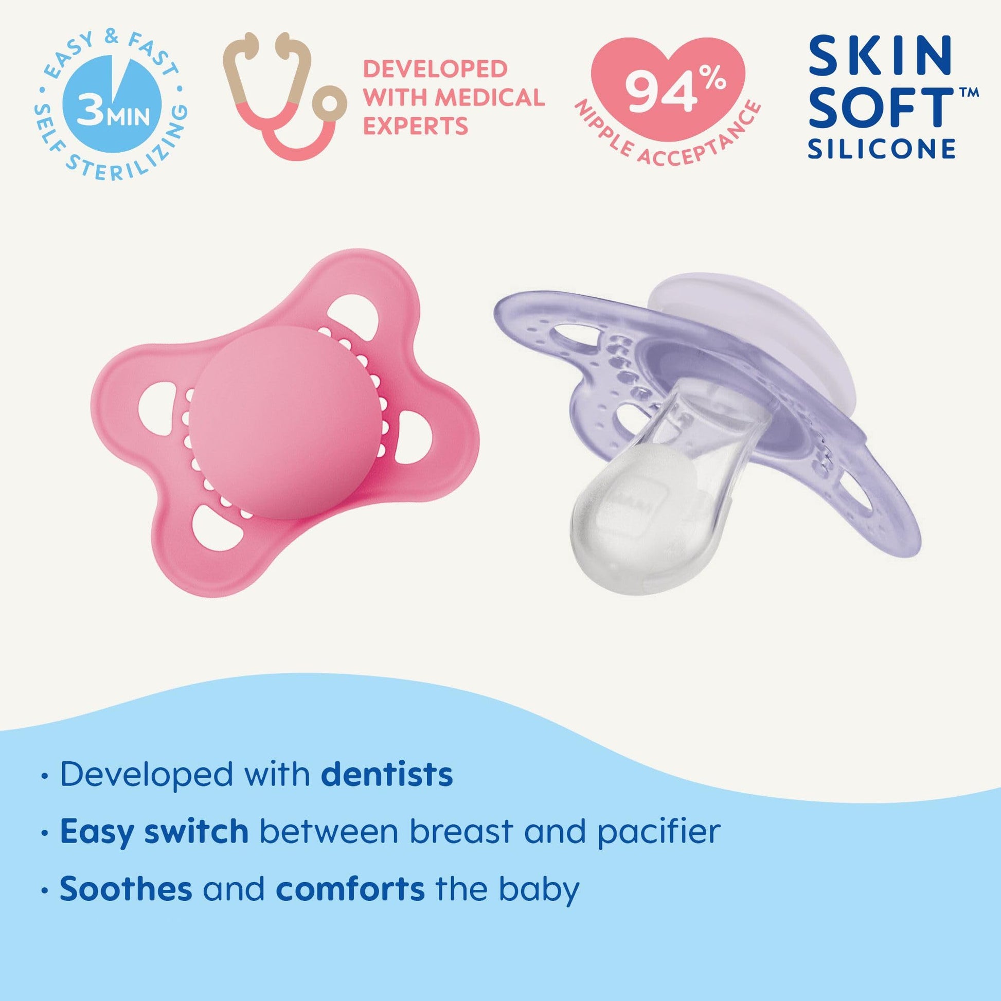 MAM - Chupetes originales mate para bebé, Binky para niñas de 0 a 6 meses, pezón de silicona sin BPA, fácil de limpiar, mejor para bebés lactantes, desarrollado con expertos médicos, 4 unidades