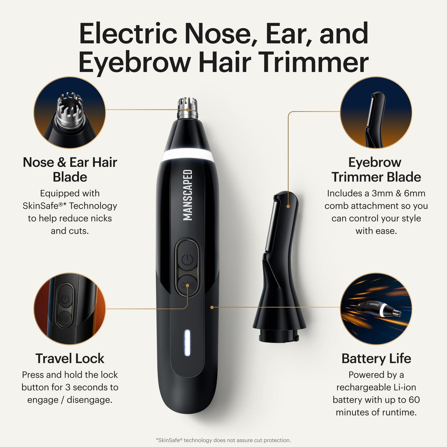 MANSCAPED Weed Whacker 3.0 PRO - Cortadora eléctrica para nariz, orejas y cejas, sistema SkinSafe de doble cabeza, foco LED, impermeable, recargable, bloqueo de viaje, accesorio para peine de cejas