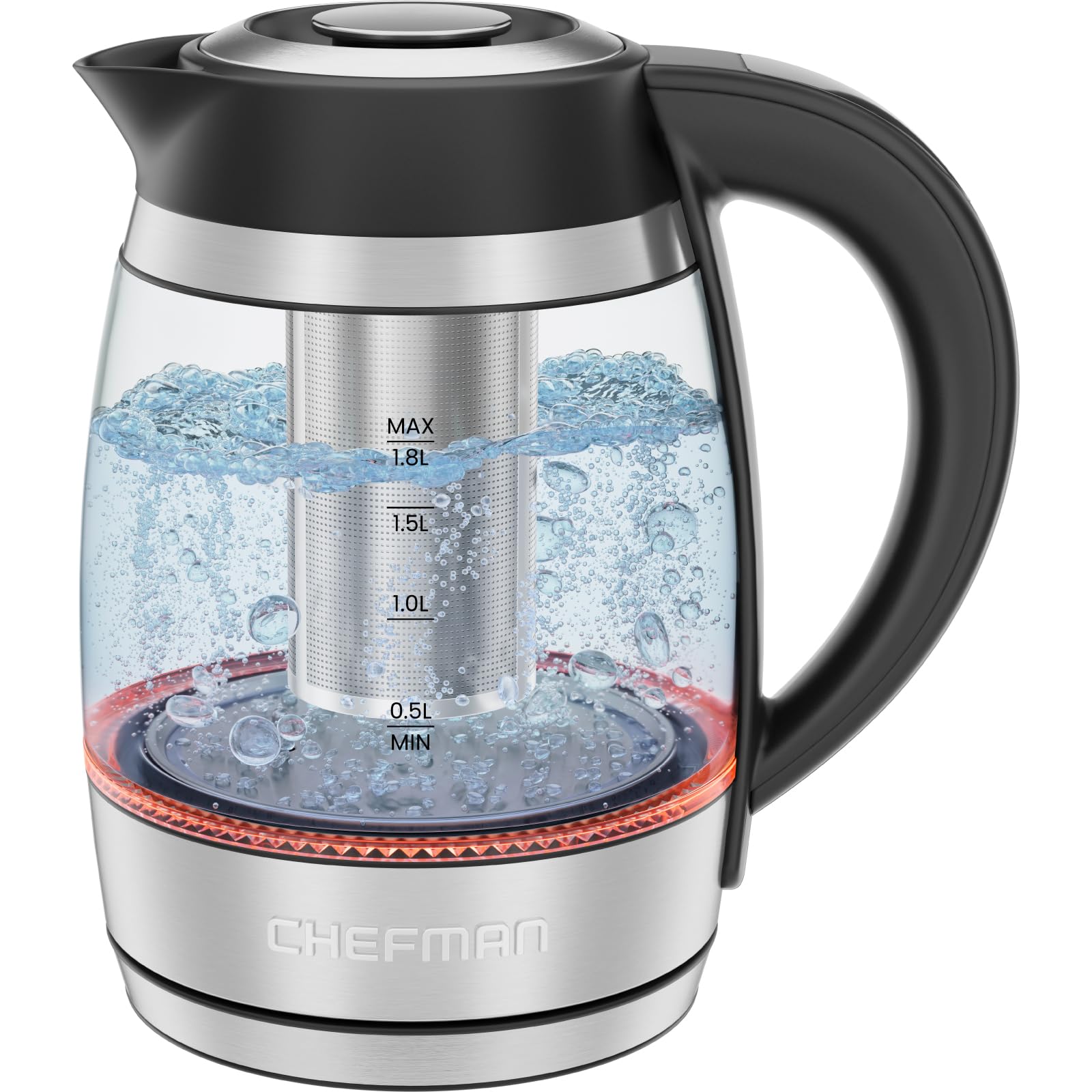 Chefman Hervidor eléctrico con control de temperatura, infusor de té extraíble, 5 luces indicadoras LED preestablecidas, base giratoria de 360°, sin BPA, acero inoxidable, 1,8 litros