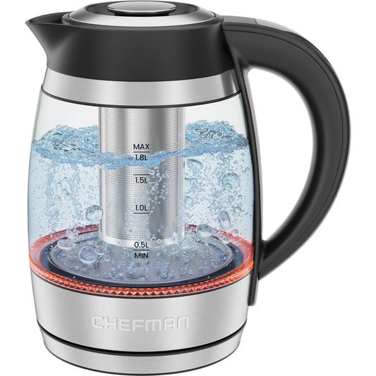 Chefman Hervidor eléctrico con control de temperatura, infusor de té extraíble, 5 luces indicadoras LED preestablecidas, base giratoria de 360°, sin BPA, acero inoxidable, 1,8 litros
