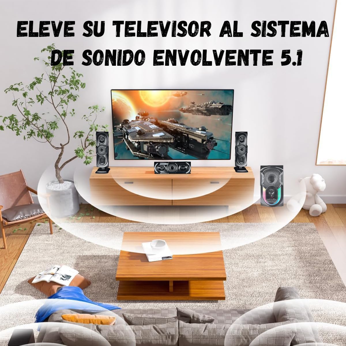 D&M L5 Sonido Teatro en casa,con Subwoofer - Sistema de Sonido Envolvente 3 en 1 Separado,para TV Juegos de PC HD-ARC/BT 5.4/óptica/AUX/USB Conexión 5 Modos EQ Graves Profundos