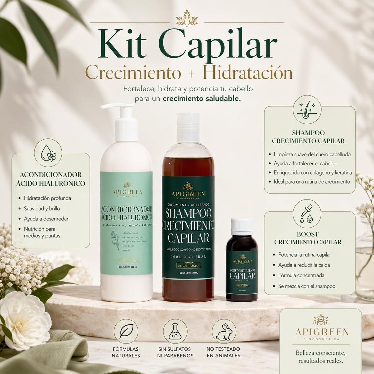 Kit Capilar Apigreen Negro para Crecimiento y Fortalecimiento del Cabello con Ácido Hialurónico