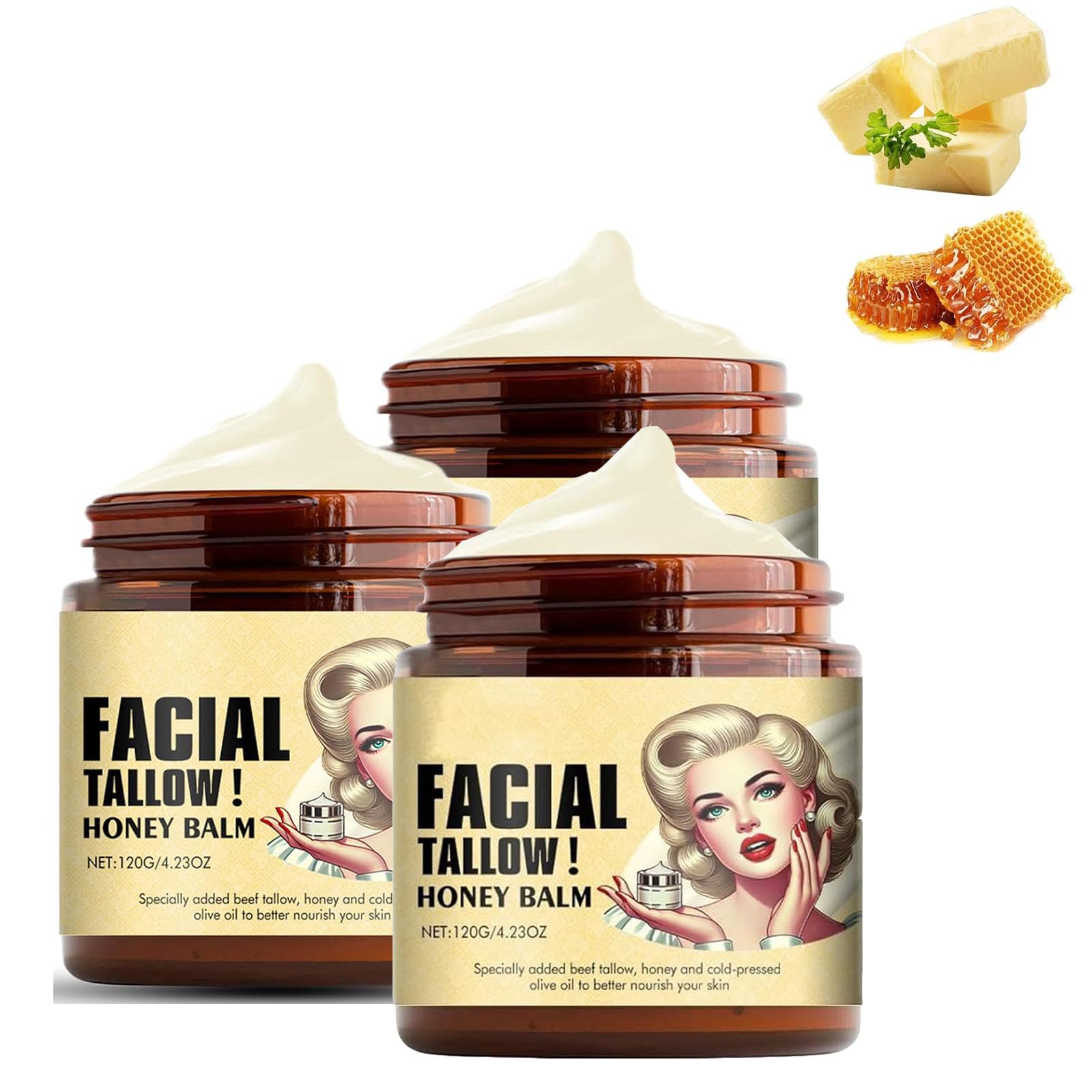 Bálsamo De Sebo De Res Batido Y Miel, Crema Facial Con Acabado De Pasto De Animales Alimentados Con Pasto, Bálsamo De Sebo Batido Y Miel, Bálsamo Multiusos De Sebo De Res Batido Y Miel, (3PCS)