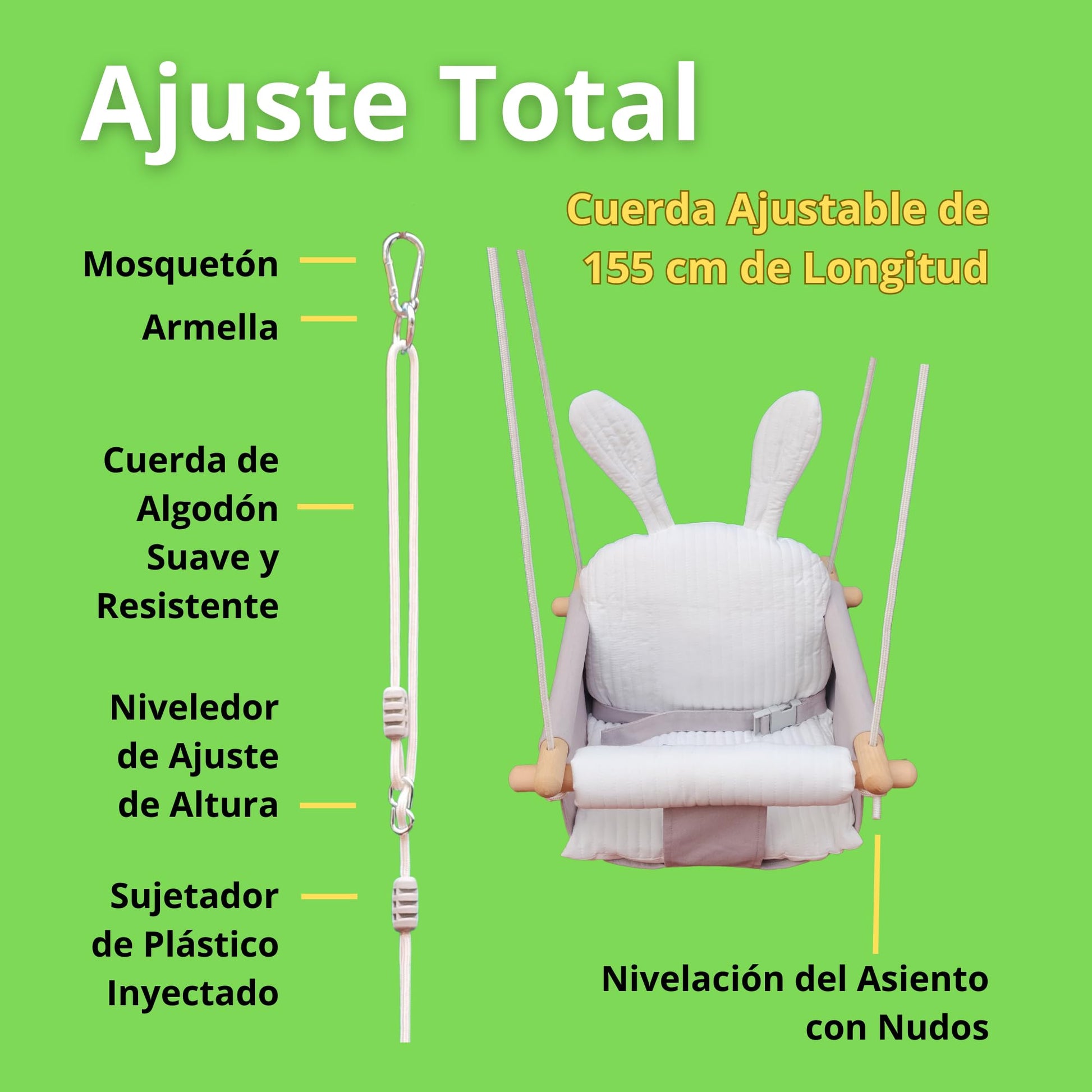 IVREA Asiento de Columpio de Tela Acolchado Modelo Conejo para Bebés y Niños Pequeños - Altura Ajustable, Diseño Seguro, Suave y Cómodo. Gris/Blanco.