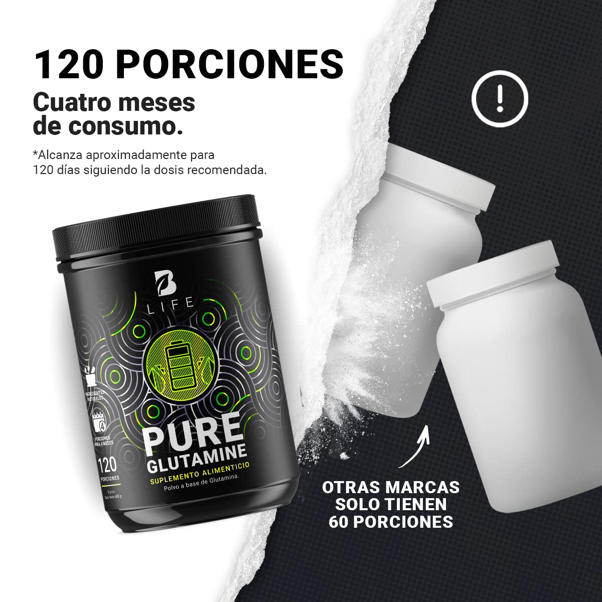Glutamina Micronizada de 600g con 120 servicios. Ingredientes naturales. Pure Glutamine B Life.