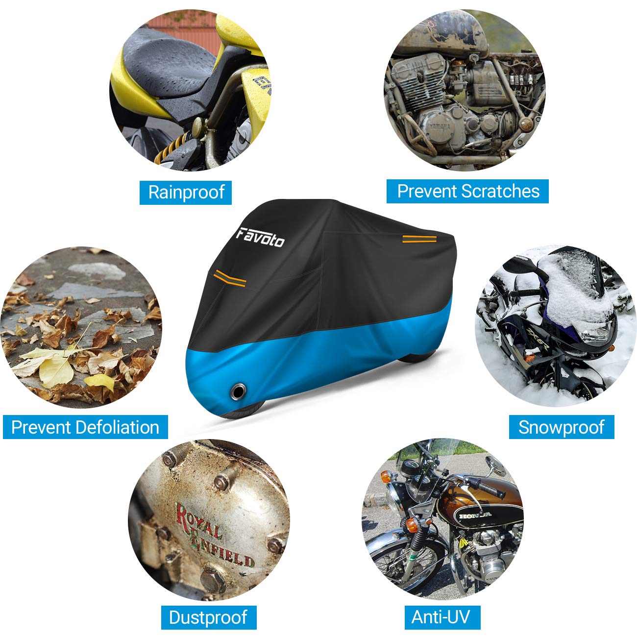 Favoto - Funda para motocicleta de 245 centímetros de longitud para todas las estaciones, impermeable, protección solar y exterior, reflector nocturno duradero con agujeros de bloqueo y bolsa de almacenamiento, funda para motocicleta.