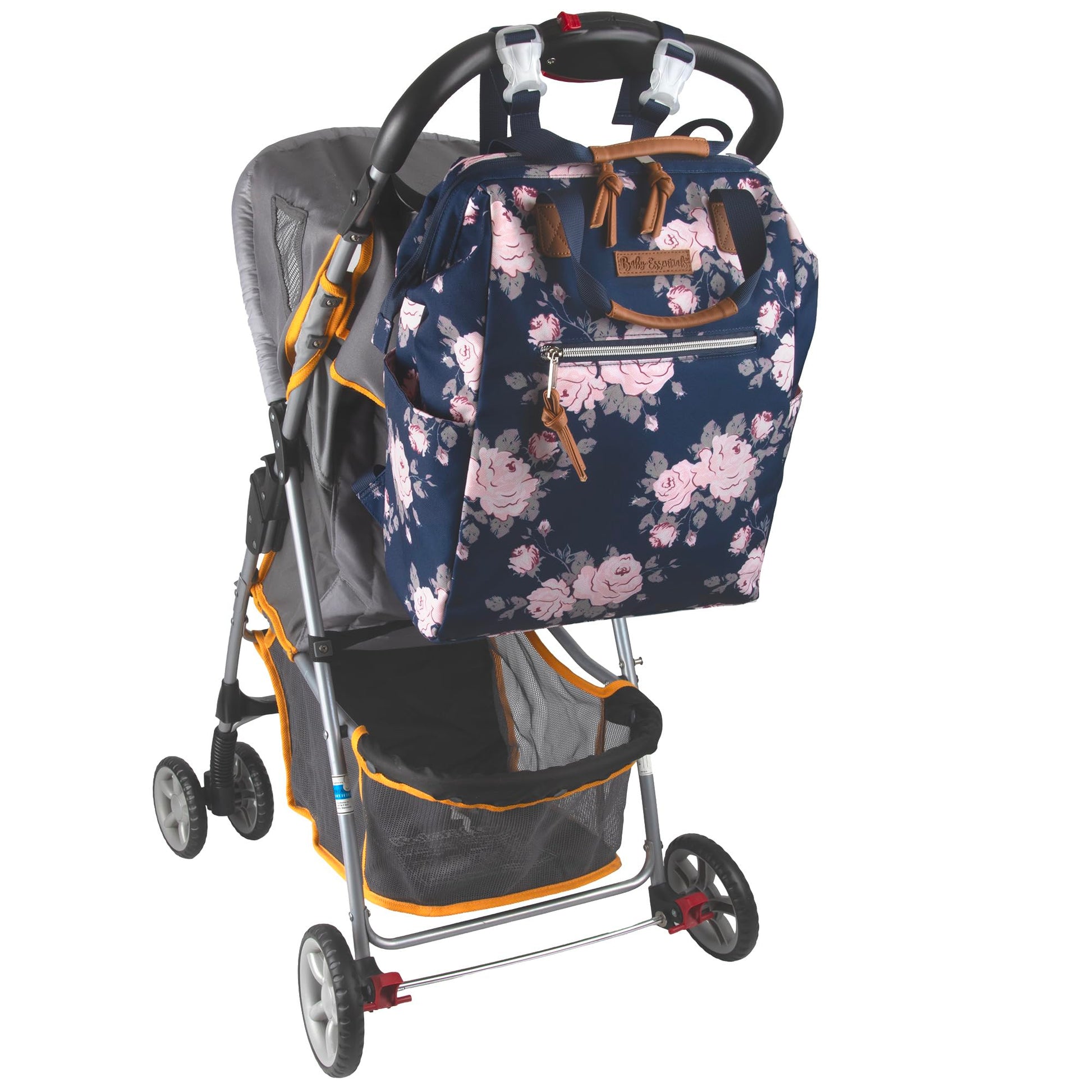 Baby Essentials - Mochila para pañales – Gran capacidad, compartimento aislado súper refrigerante, diseño de marco principal con cambiador y correas para carriola, Azul Marino Floral, Mediano, Mochila