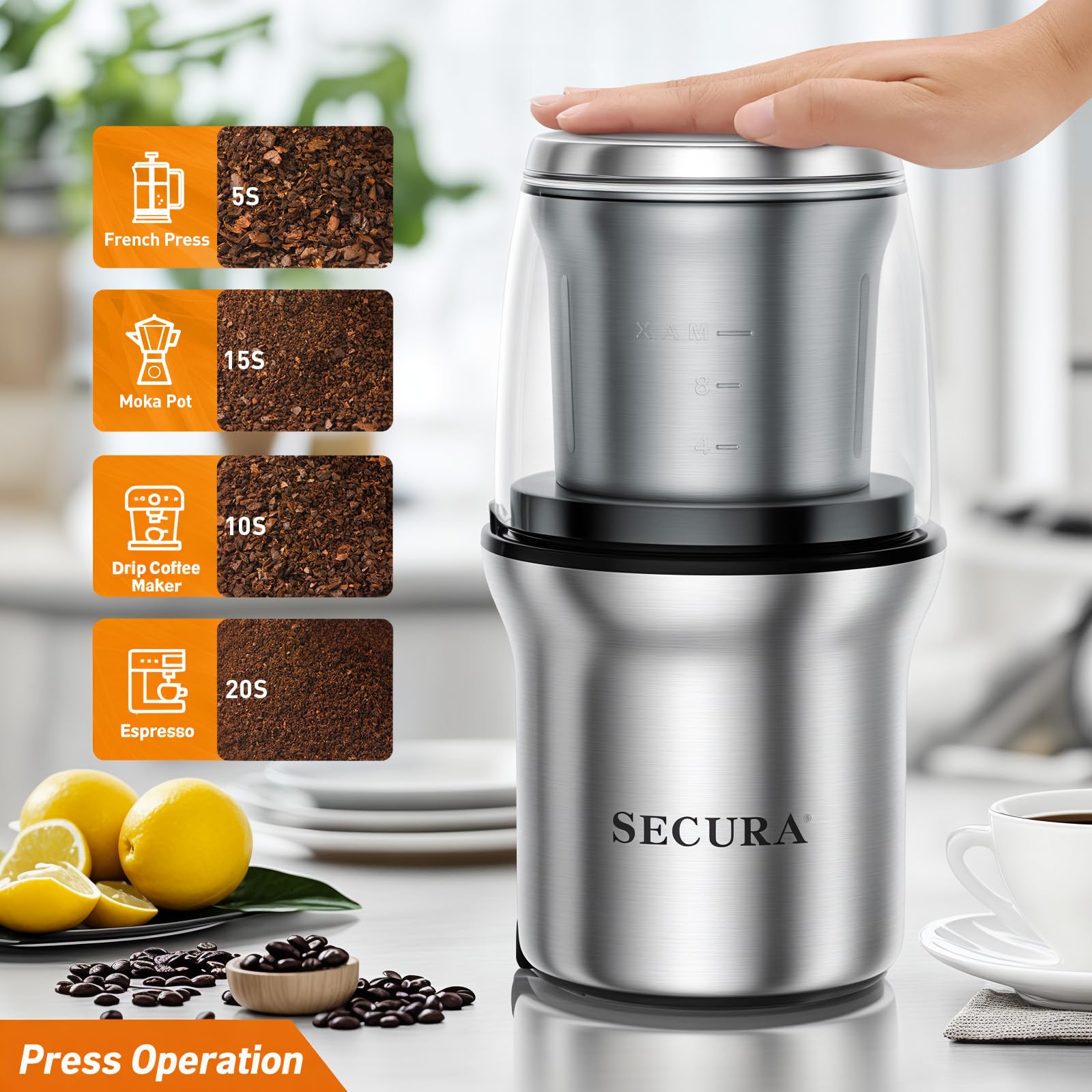 Molinillo Eléctrico Secura de Café y Especias con Cuchillas de Acero Inoxidable