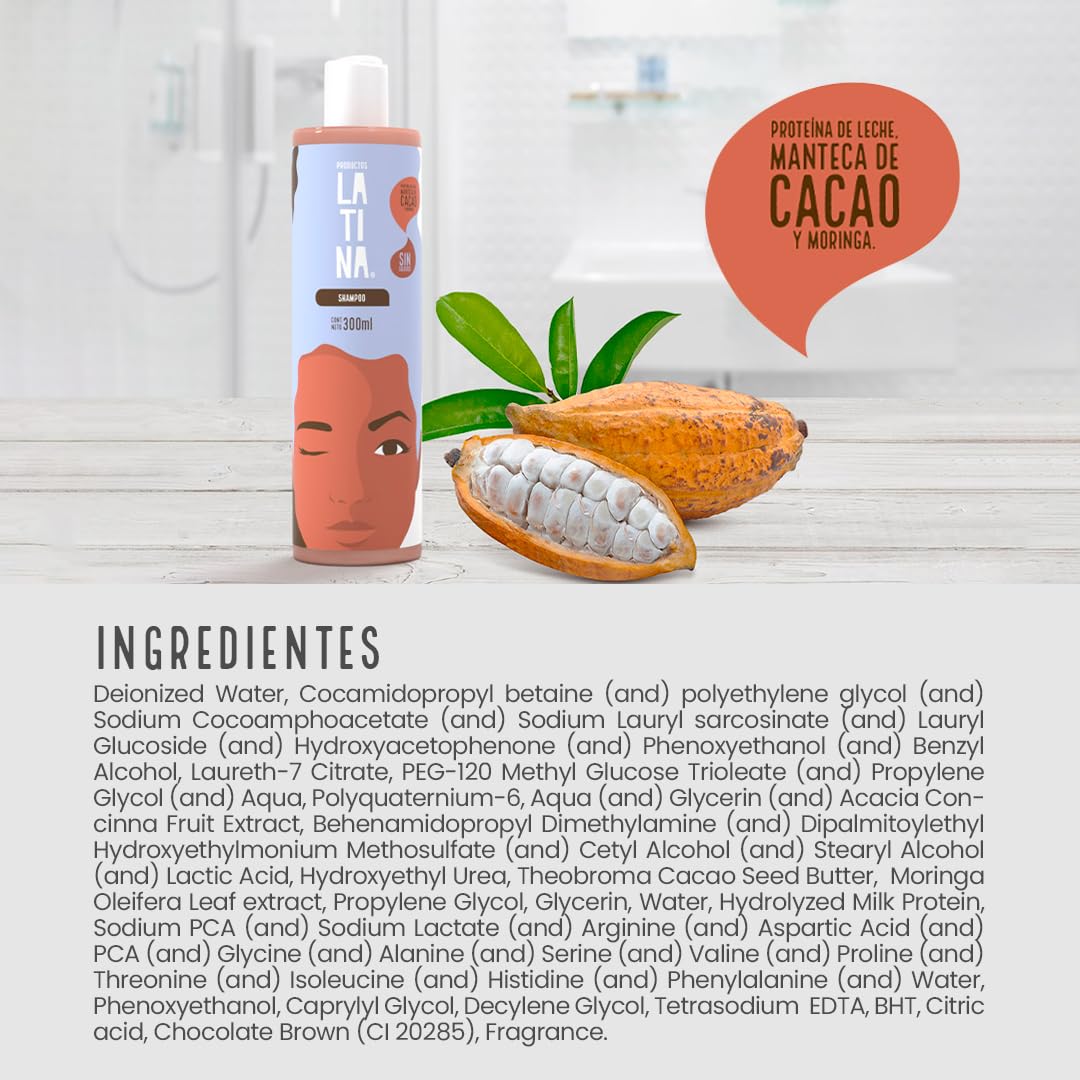 LATINA® | Shampoo Cacao - Nutri-Reparador | Shampoo Sin Sulfatos y Parabenos | Belleza Mujer | Complementar con Tratamiento para Cabello Maltratado | Anti Frizz Cabello - 300ml