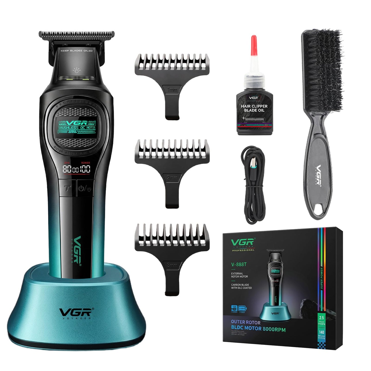 VGR 888T - Cortapelos inalámbrico para hombre, profesional Turbo 8000 RPM con hoja de carbono DLC, pantalla LED, base de carga USB, kit de corte de barba y cabello recargable con peine guía, (verde)