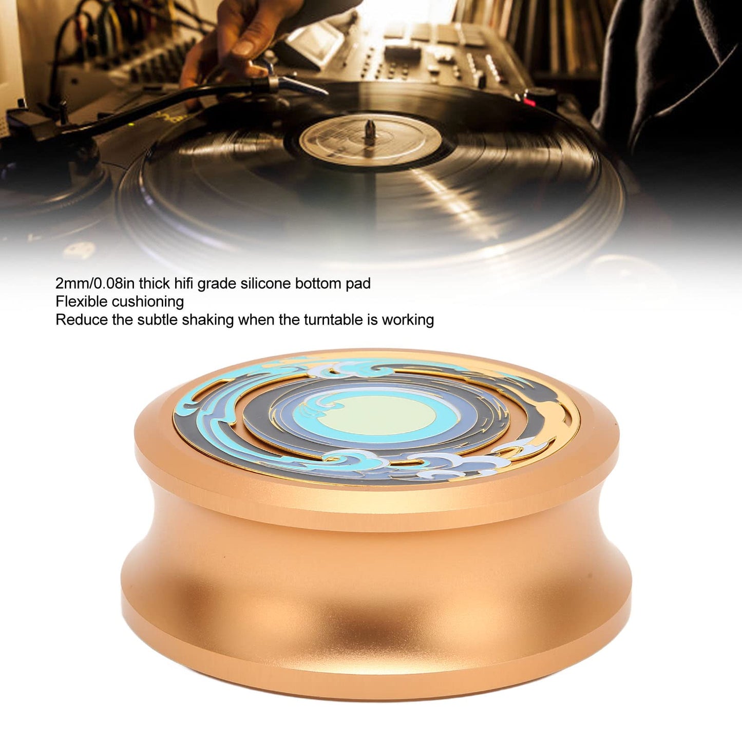 Luqeeg Estabilizador de Disco HiFi LP, Estabilizador de Peso Récord, Abrazadera para Discos de Vinilo Estabilizador de Disco de Tocadiscos con Almohadilla Inferior de Silicona para Tocadiscos LP(Oro)