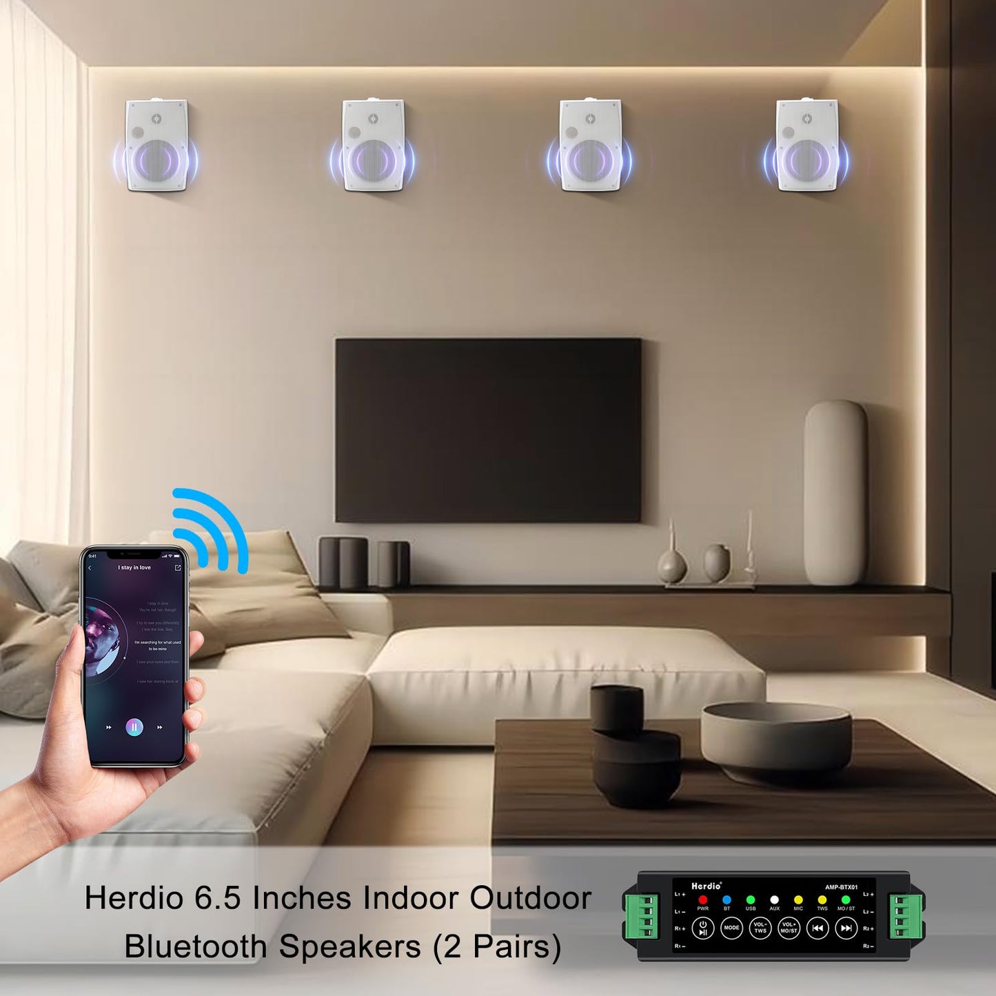 Herdio - Altavoces Bluetooth para Exteriores, de 6.5 Pulgadas, 800 W, con Cable, Impermeables, con Amplificador Multifuncional, Altavoces de Montaje en Pared, para Patio, hogar, Piscina, terraza,