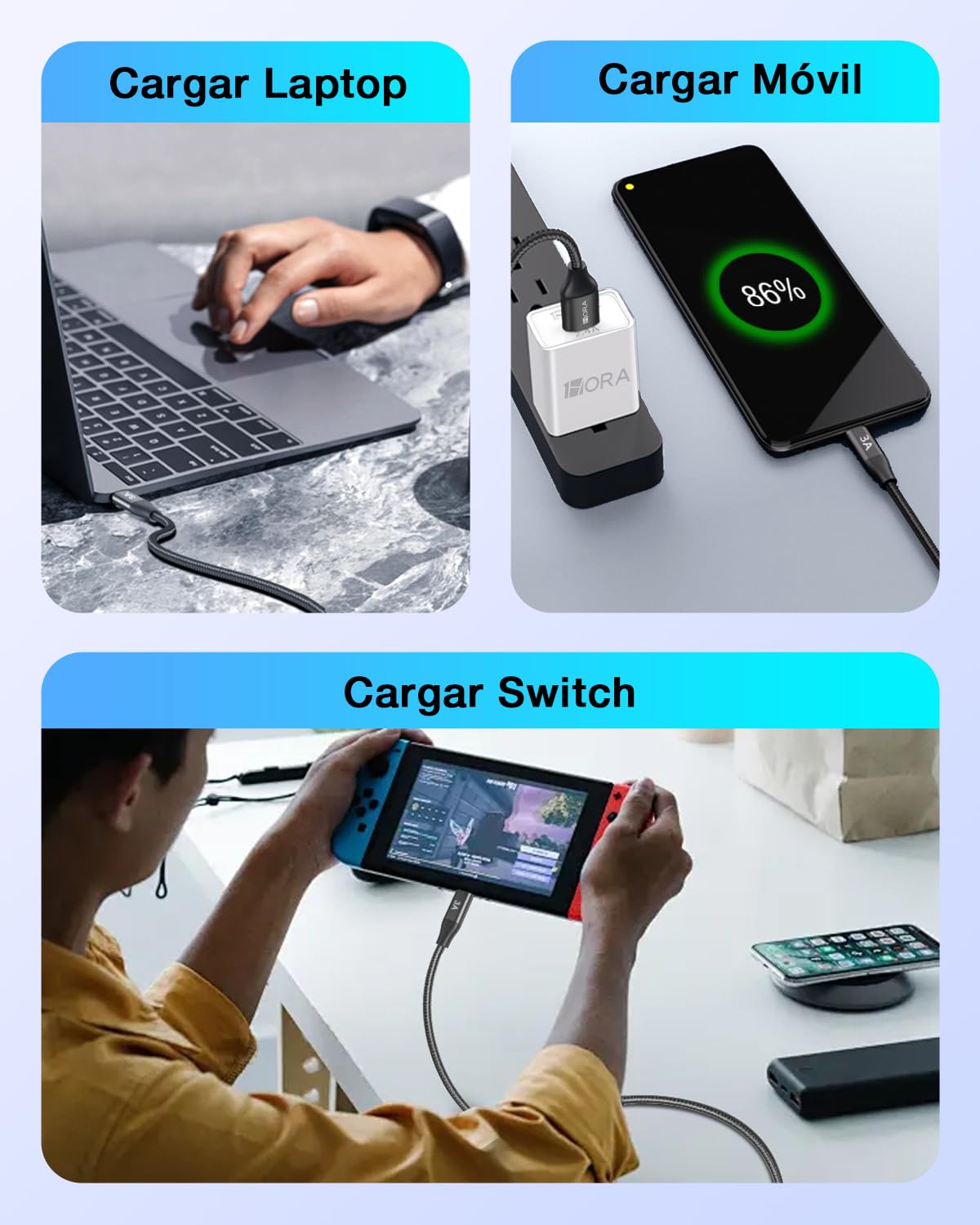 Cable USB C a USB A 1 Hora Nylon Tejido Carga Rápida 60W 1M