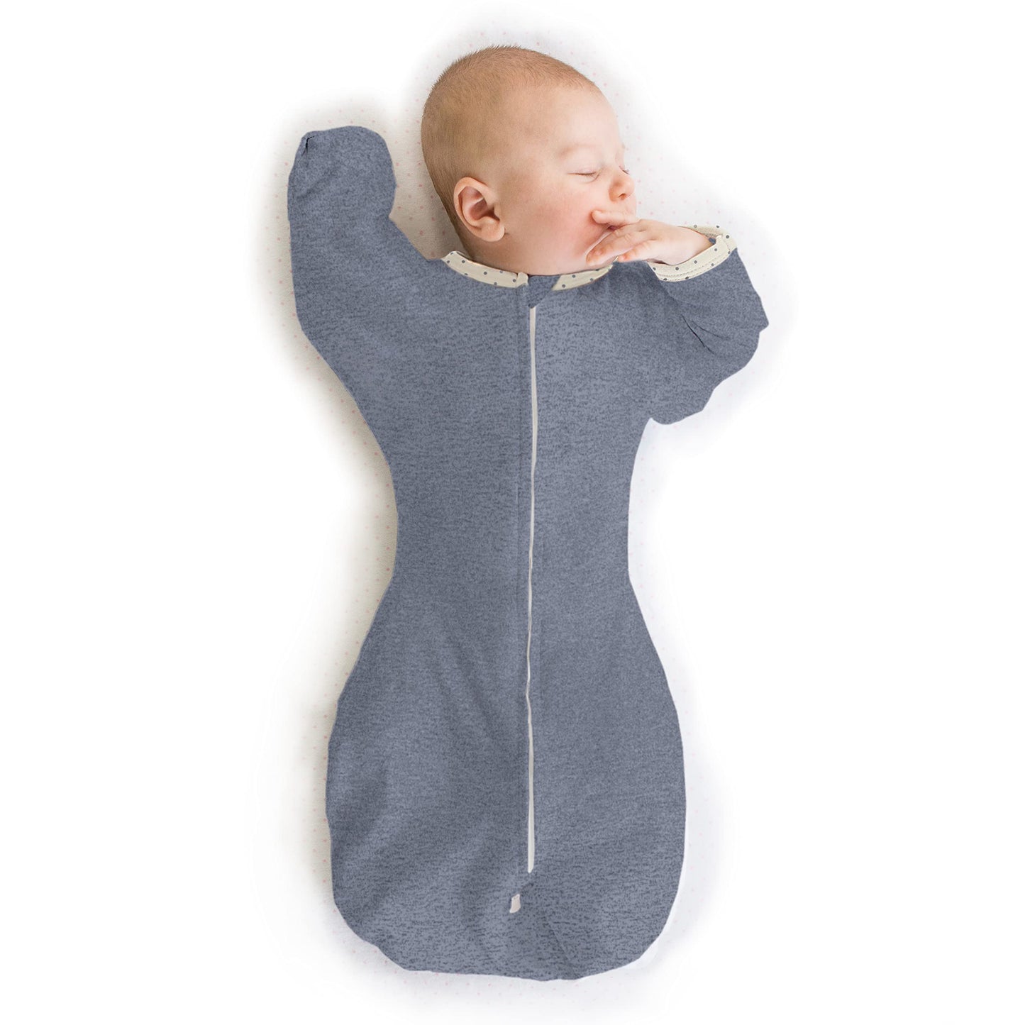 SwaddleDesigns - Saco de Envolver de transición con Brazos hasta Mangas de Media Longitud y puños de manopla, Mezclilla Jaspeada con Ribete de Lunares, Grande, 6-9 Meses, 20-25 Libras (Mejor sueño,
